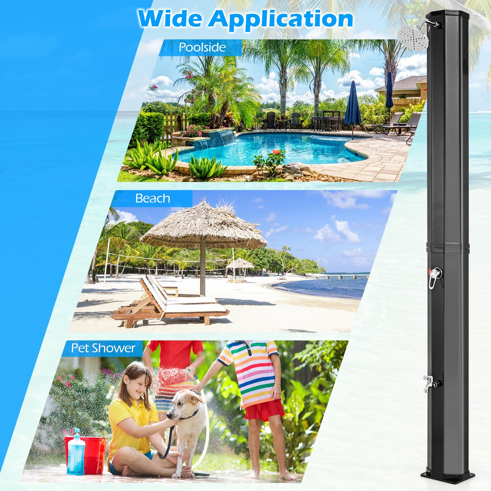 Goplus 15.9 Gallon Solar Heated Outdoor Shower with 7.5 FT Stand - Portable Shower Head & Foot Tap for Backyard, Poolside, Beach & Garden - Perfect for Camping, RV Trips & Outdoor Activities (Black)