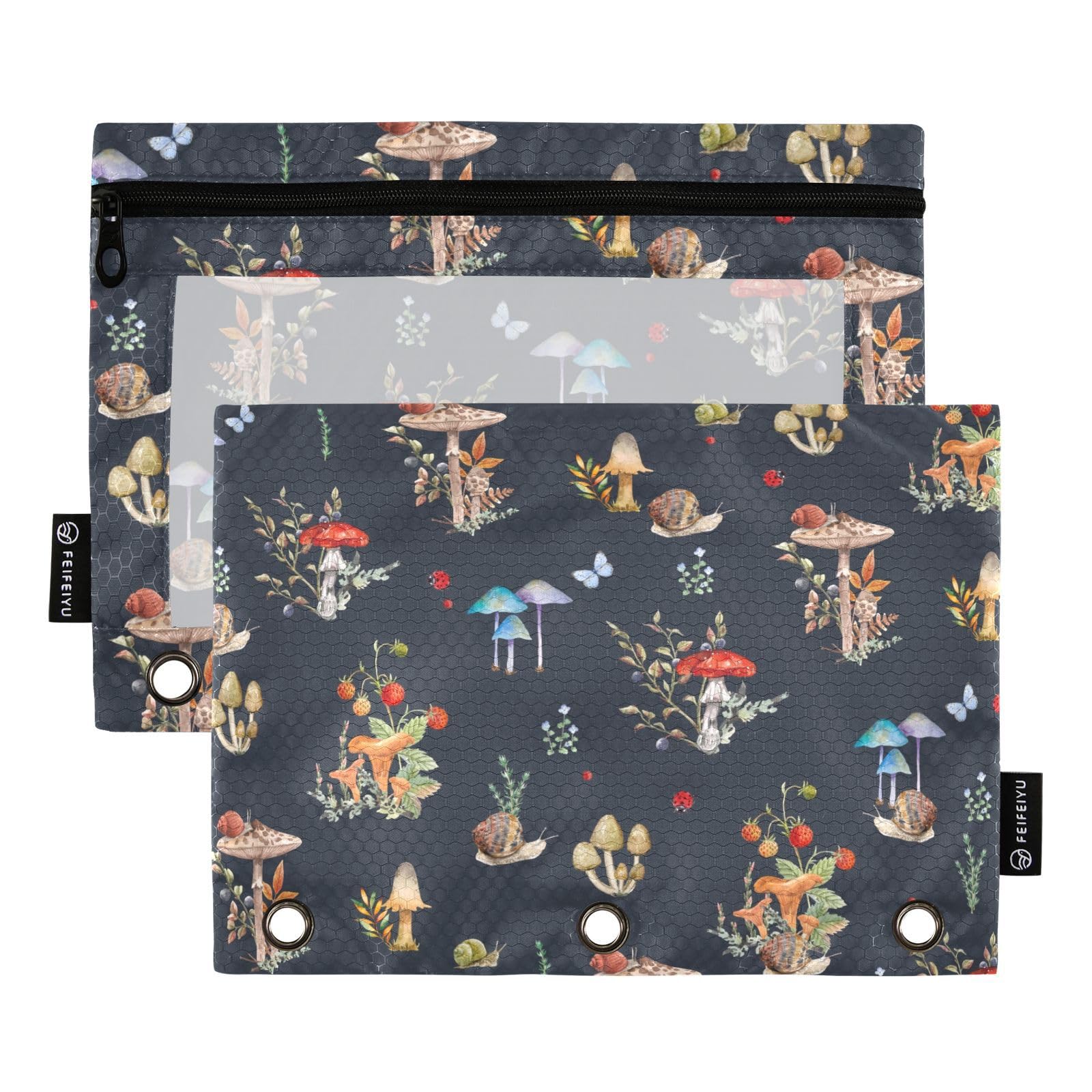3 Ring Binder Pencil Pouch 2 Pack - Mushroom Snail Design Zippered Pencil Case, Clear PVC Binder Pockets for School, Office & Daily Organization Supplies | Perfect for Backpacks, Notebooks & Stationery Storage
