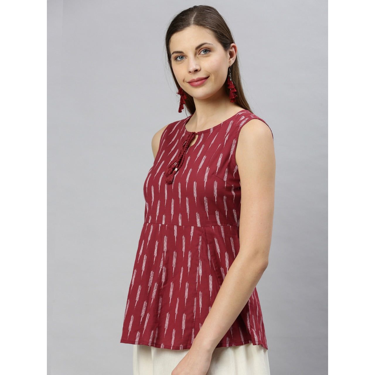 Stylish Sleeveless Indian Kurti Top - Red Cotton Ethnic Tunic for Women | Perfect for Summer, Festivals & Casual Wear