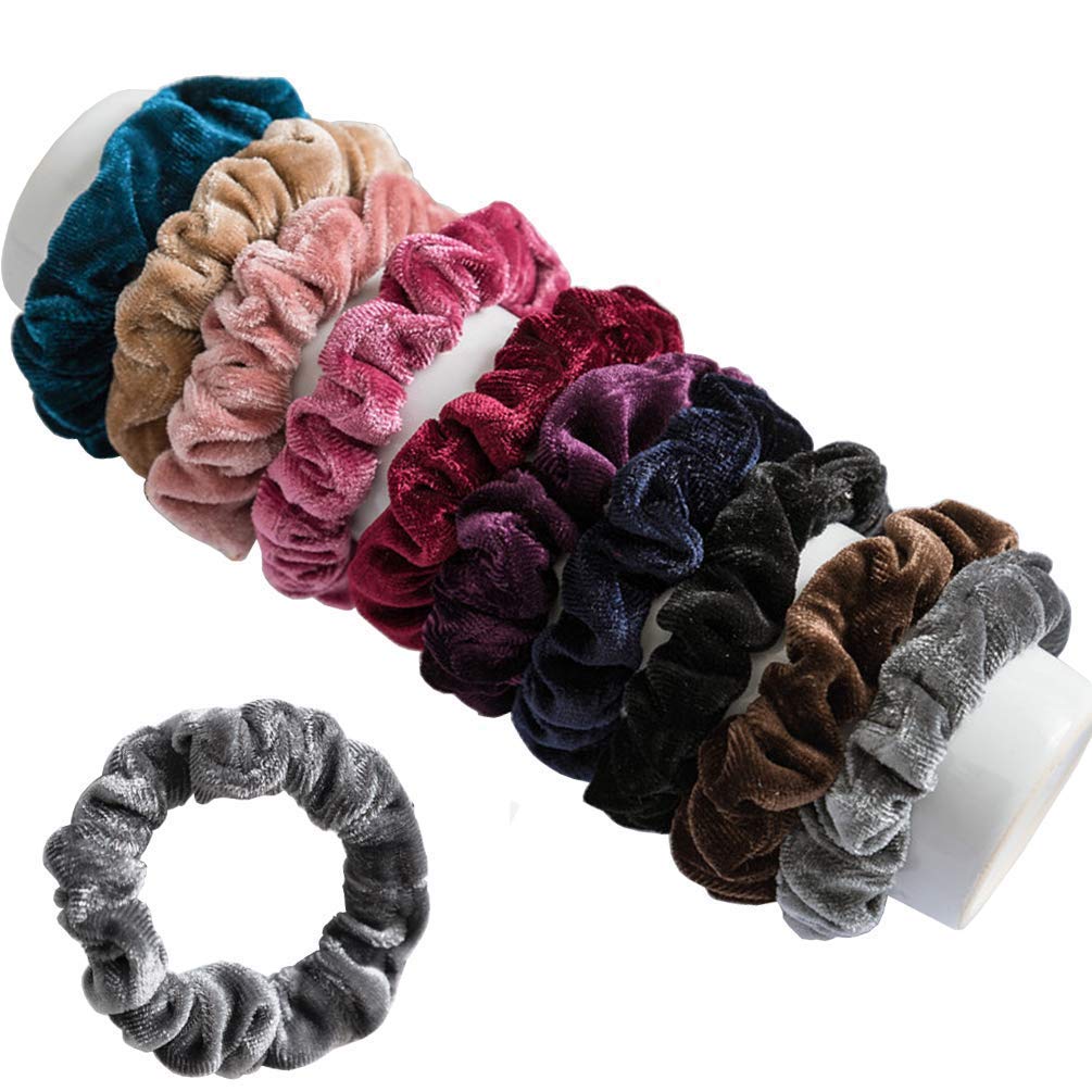 FAMEZA Soft Velvet Scrunchies - 10 Pack Stretchy Hair Bands for Women, Elastic Rubber Hair Ties in Multicolor | Perfect for Workouts, Office, and Everyday Hairstyles