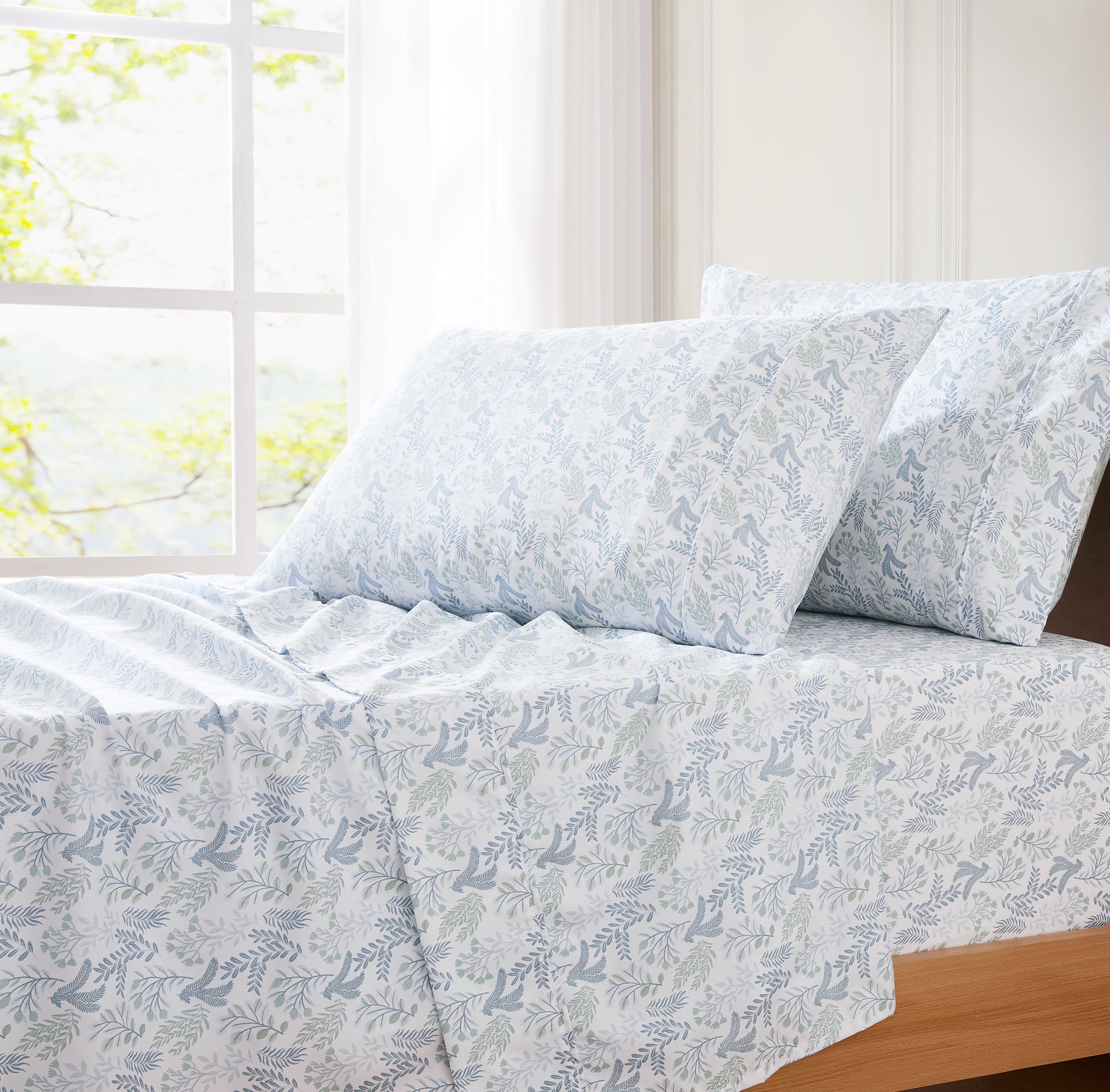 Botanical Leaf and Floral Printed Cotton Sheet Set - Queen Size Bedding with Soft Breathable Fabric for Home Decor and Comfortable Sleep