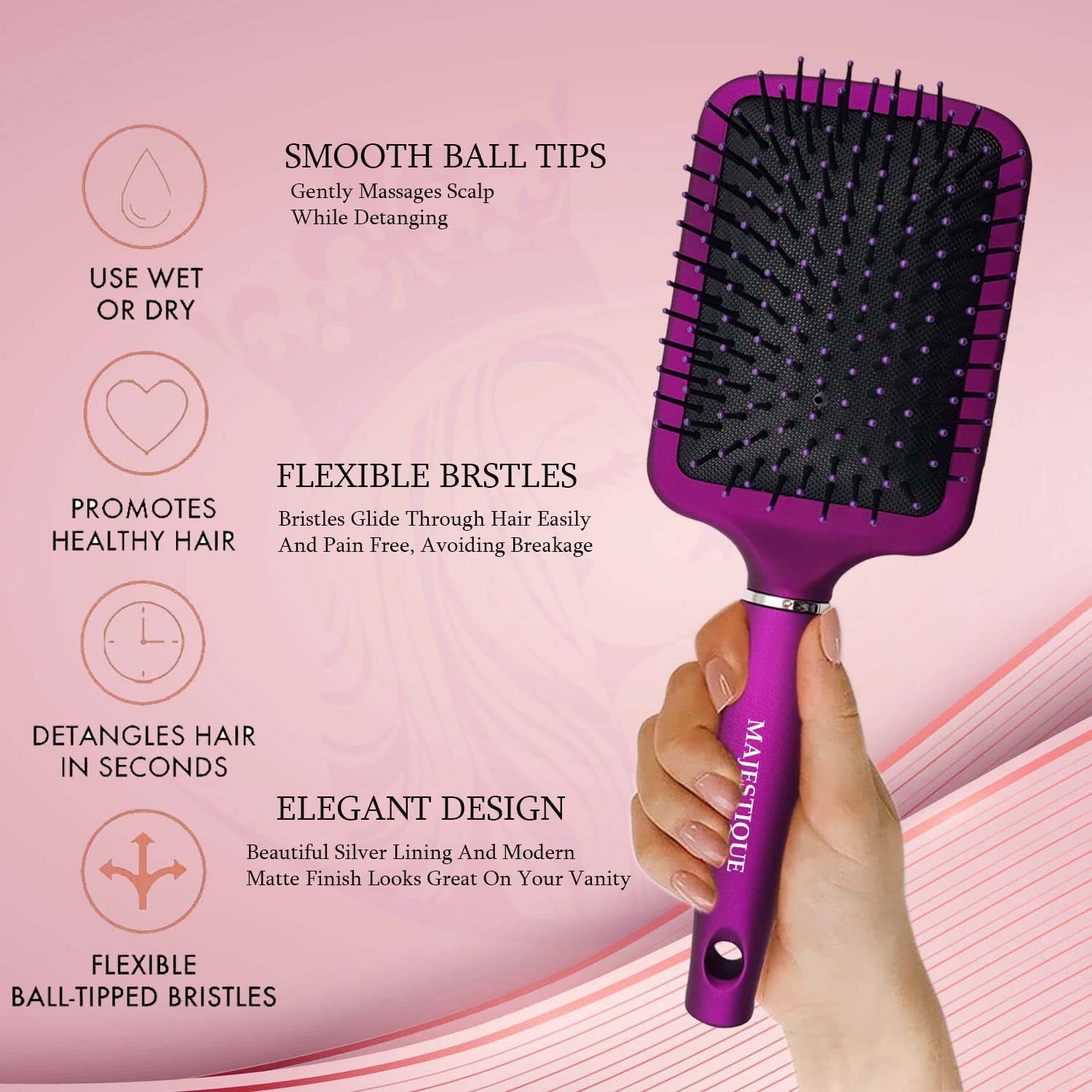 Majestique Premium Purple Paddle Hair Brush - Flat Straightening & Detangling Brush for All Hair Types - Women, Men & Kids - Soft Nylon Bristles Remove Dirt & Excess Oils (Purple) | Perfect for Daily Styling, Salon Results at Home & Travel-Friendly Hair Care