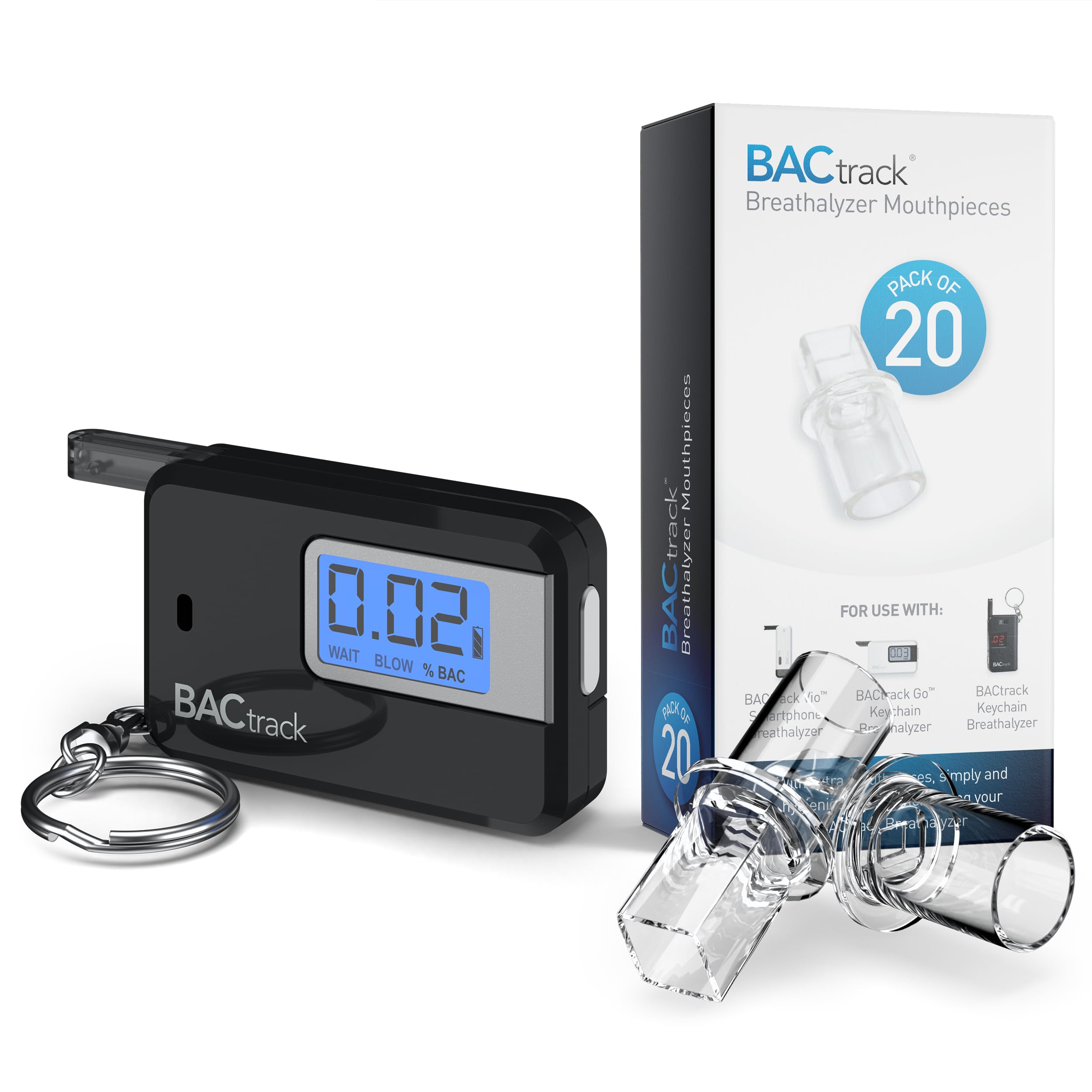 BACtrack Go Keychain Breathalyzer (Black) with 20 Mouthpieces - Portable Alcohol Tester for Personal & Professional Use - Perfect for Parties, Driving Safety, and Workplace Testing