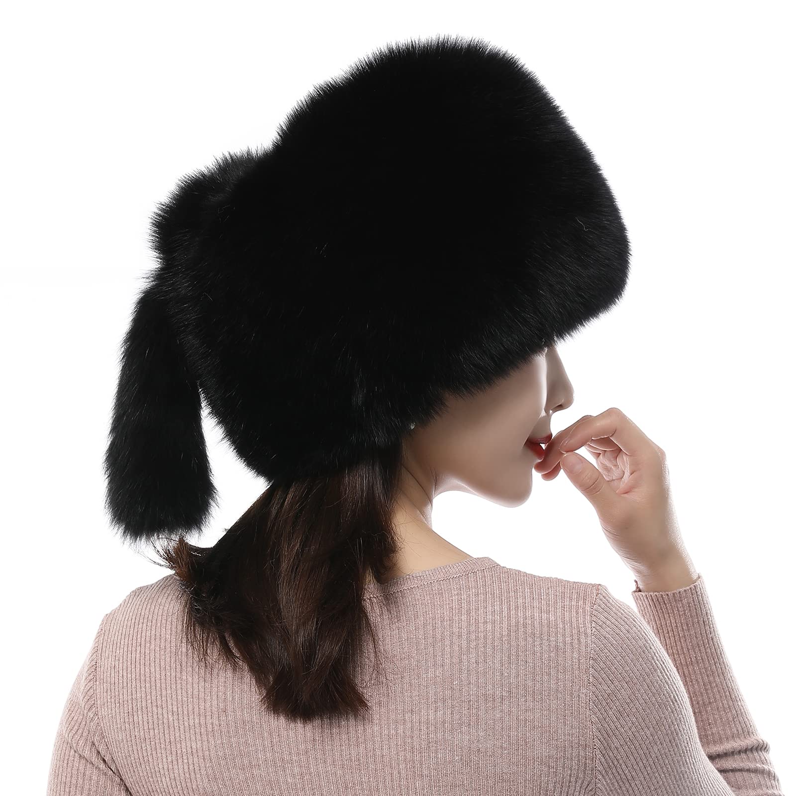 Valpeak Women's Russian Fox Fur Winter Hat - Real Fur, Fluffy & Fuzzy with Furry Tail - Warm Cold Weather Beanie for Outdoor Activities, Skiing, Snowboarding & Fashion