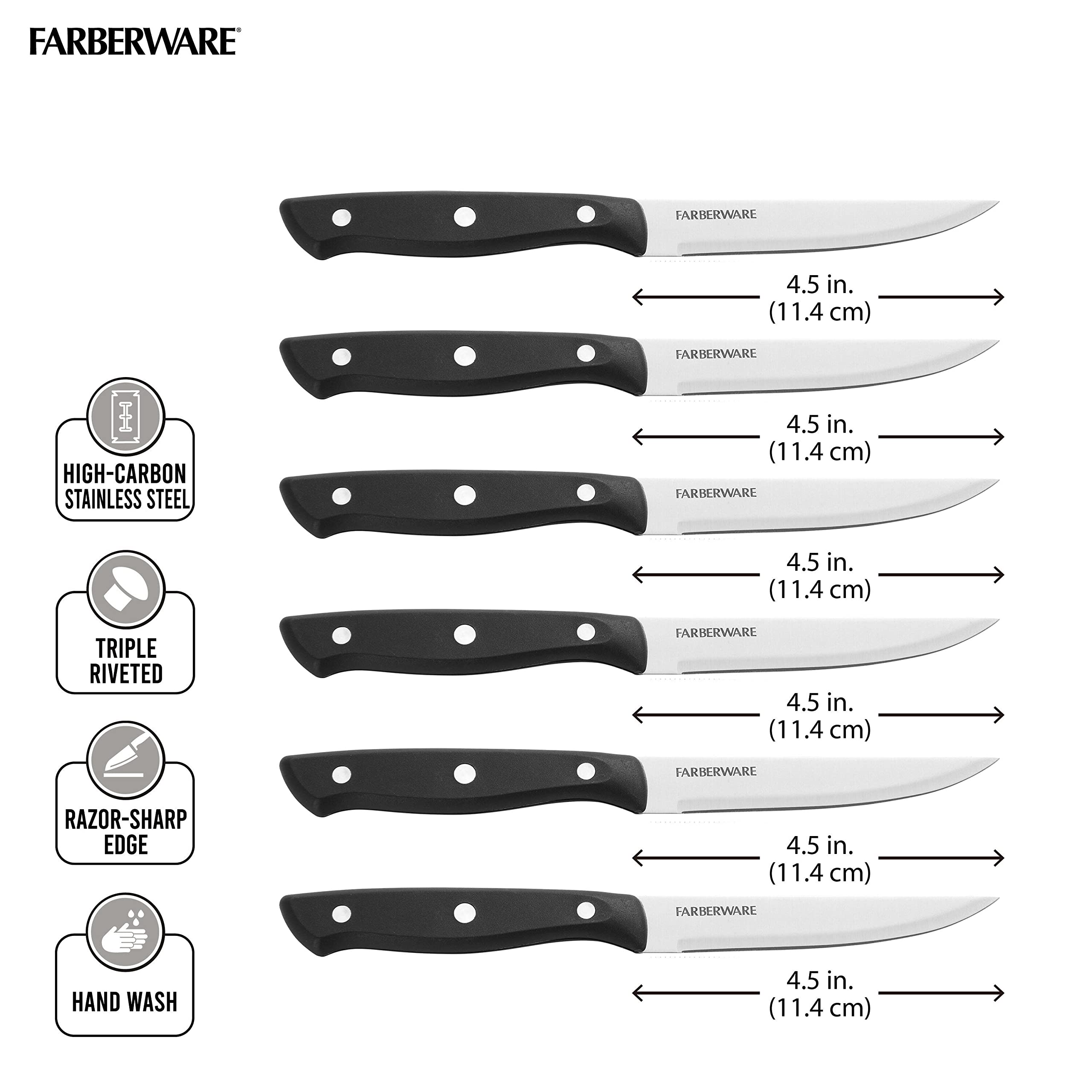 Farberware 6-Piece Triple Riveted Steak Knife Set - High Carbon Stainless Steel with Razor Sharp Blades - Perfect for Steak Dinners, BBQ Parties & Fine Dining