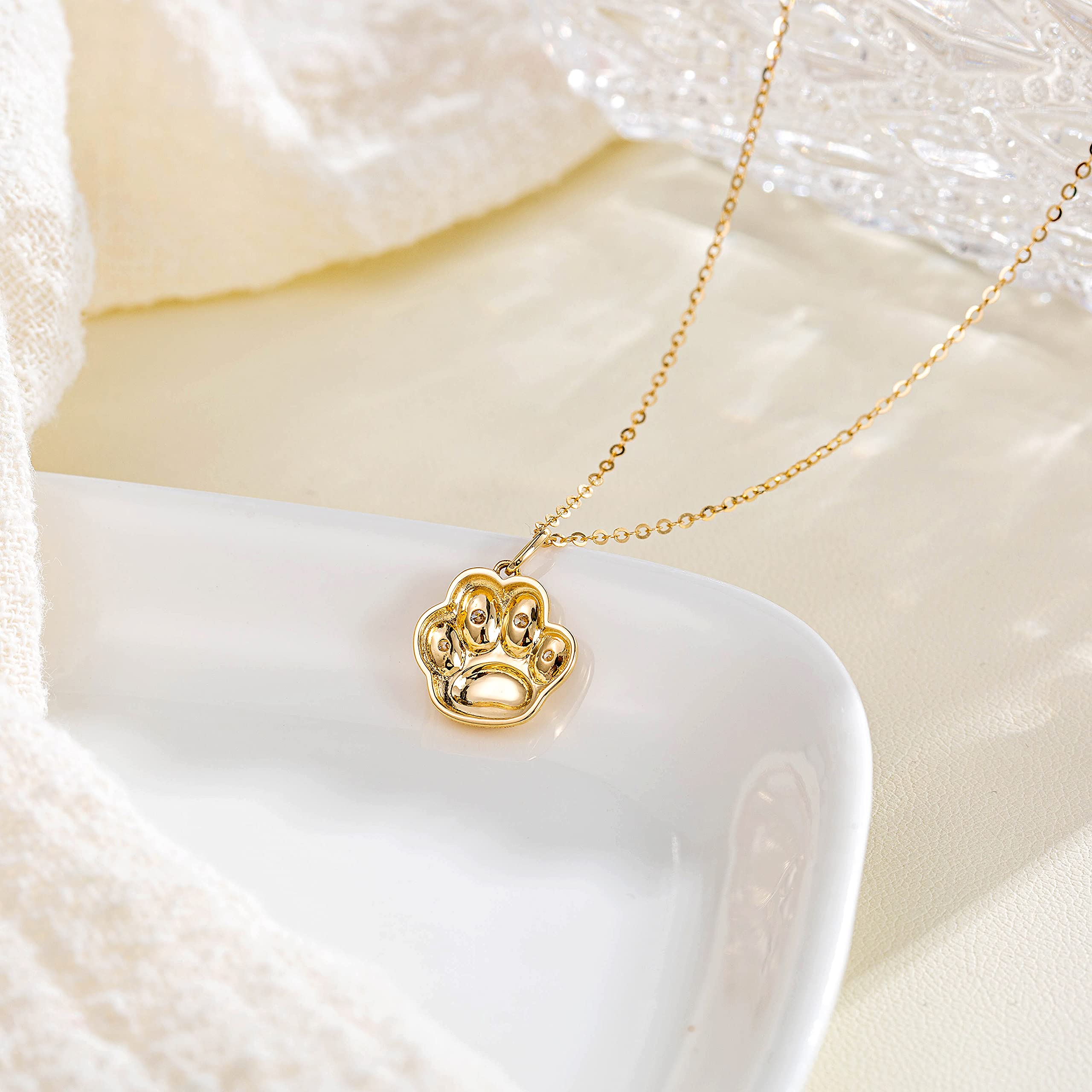 14K Solid Yellow Gold Cat Paw Necklace & Stud Earrings Set with Genuine Diamonds - Hypoallergenic Dog Paw Jewelry for Women - Perfect Gift for Pet Lovers, Birthday, Anniversary & Everyday Wear