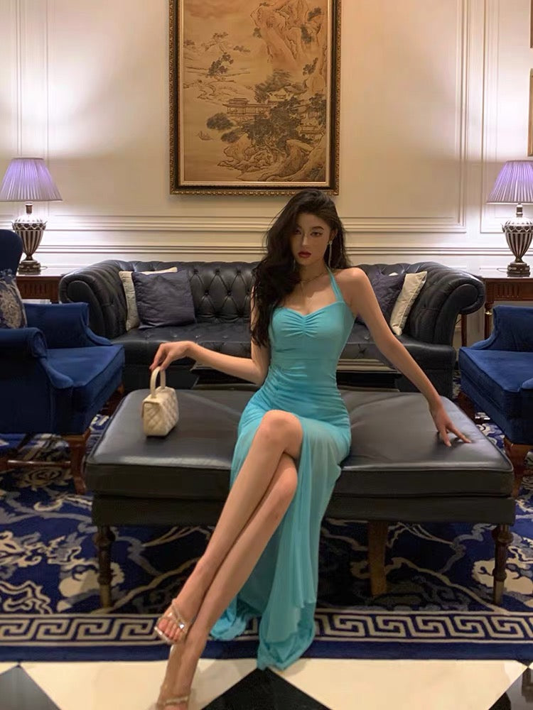 Elegant Blue Sheath Long Prom Dress with High Slit - Perfect for Evening Gala, Formal Events & Homecoming (Style J3306)