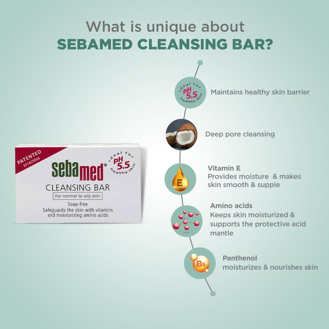 SebaMed pH5.5 Gentle Cleansing Bar - Soap Free, Moisturizing Bath Bar with Vitamins & Amino Acids | Dermatologist Tested, Non-Drying Formula | Ideal for Sensitive Skin, Eczema & Daily Face/Body Wash (100g)