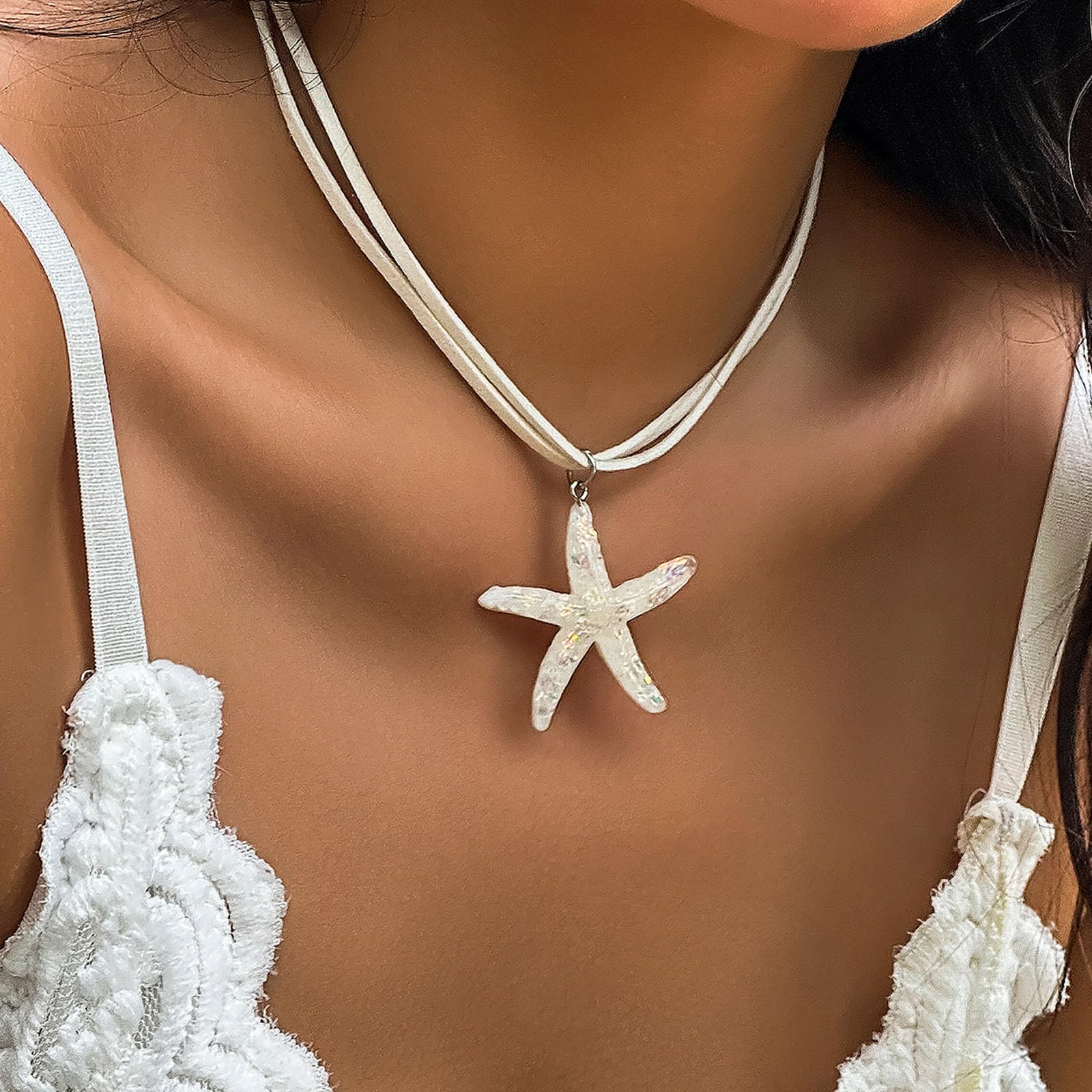 Rrdaily Starfish Fringe Necklace - Boho Layered Starfish Pendant Choker with White Velvet, Summer Beach Jewelry for Women | Perfect for Vacation, Seaside Parties & Boho Fashion Accessories
