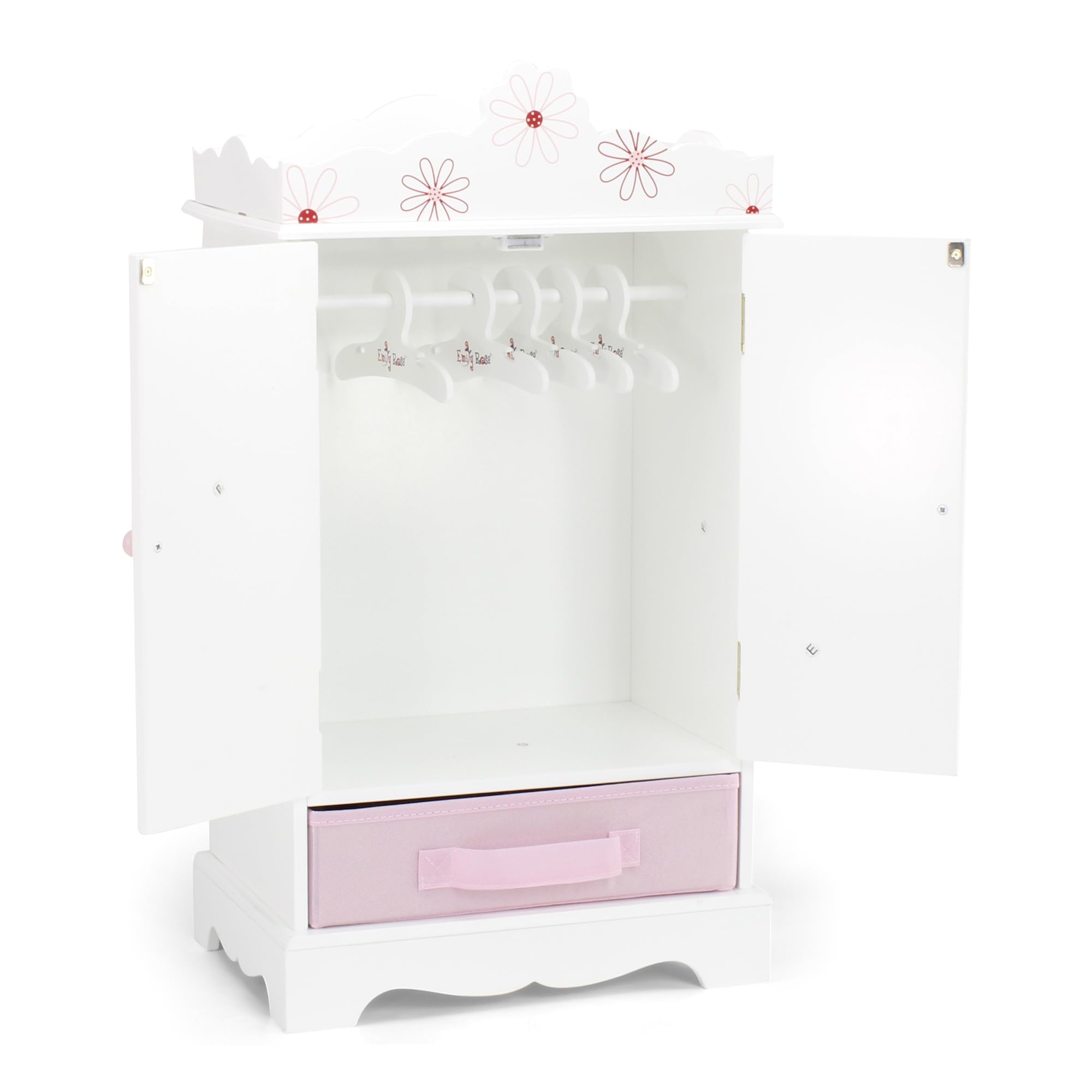 Emily Rose 18 Inch Doll Wooden Wardrobe with 5 Hangers - Floral Design Doll Closet for 18