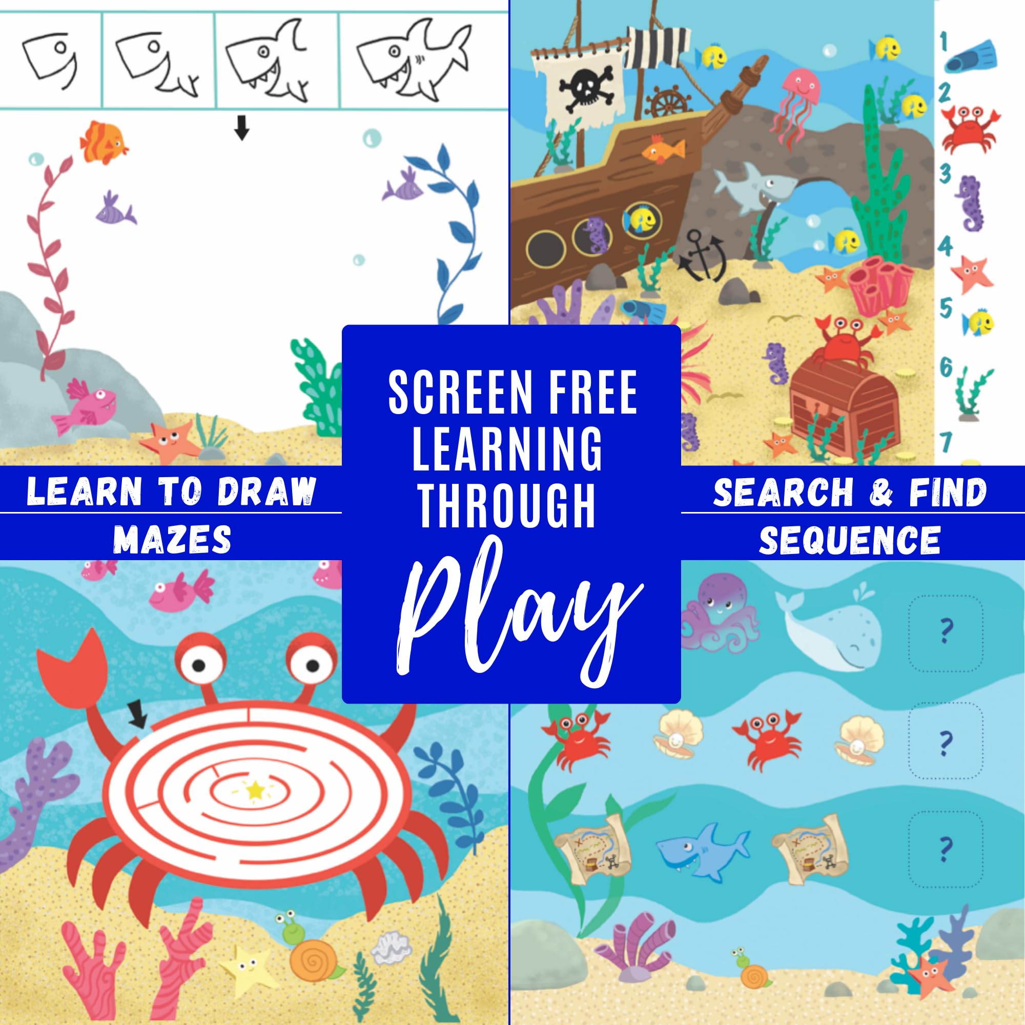 Washable Travel Activity Book for Kids Ages 4-6 | 7x7 Inch Educational Toy with Reusable Stickers & Markers | Car & Airplane Games, Search & Find Ocean Theme | Perfect for Road Trips, Flights & Homeschool Learning