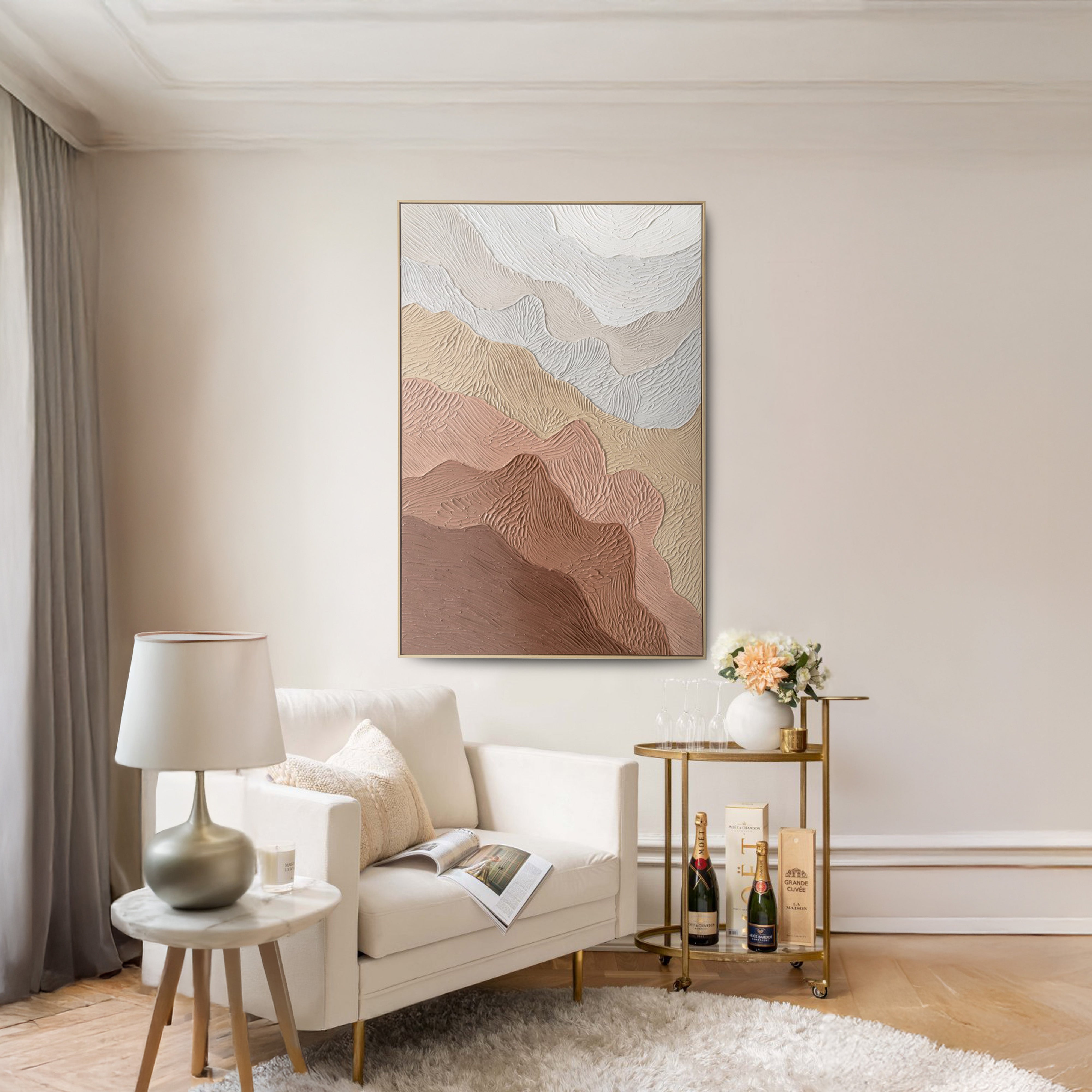 Urban Style Brushmarks Oil Painting Textured Ochre Ripples - Handmade Canvas Wall Art for Living Room, Bedroom & Office Decor