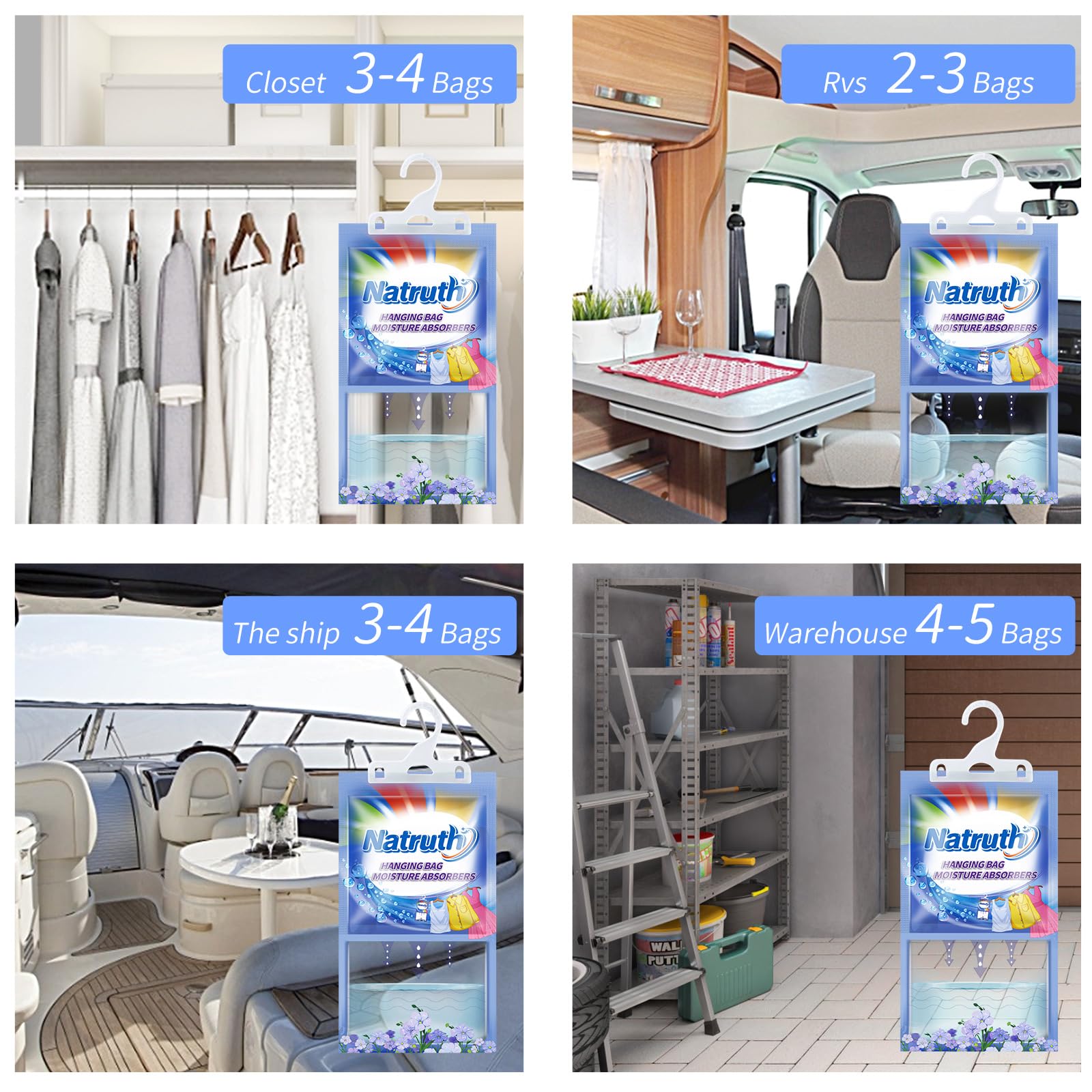 12-Pack Moisture Absorber Bags with Fresh Linen Scent - Hanging Dehumidifier for Closet, Wardrobe, Kitchen & Bathroom - Odor Eliminator & Dampness Control - Ideal for Small Spaces, Storage Areas and Humid Environments