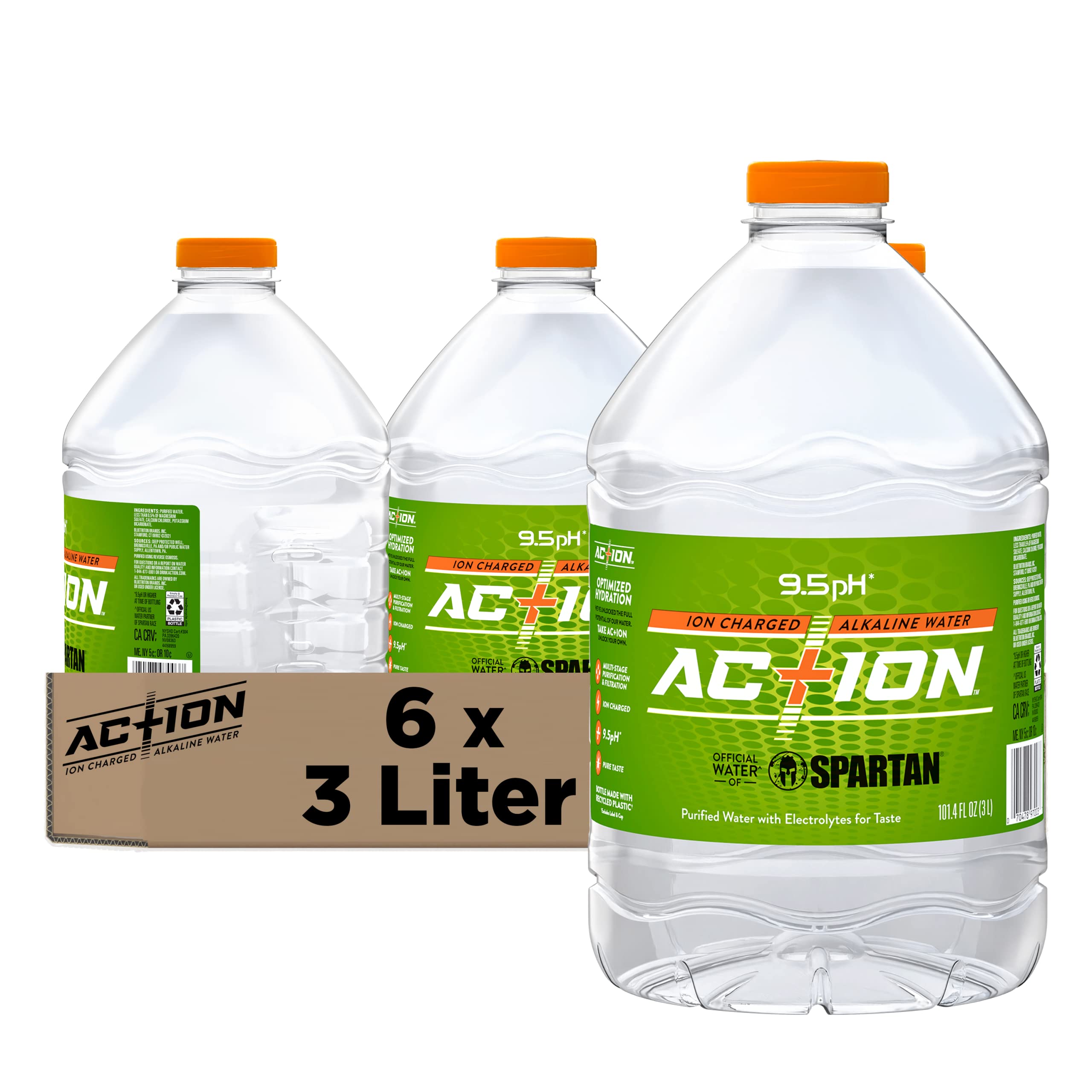 AC+ION Ion Charged Alkaline Water - 3 Liter Bottle, 6 Pack - Hydration for Fitness, Recovery & Daily Wellness