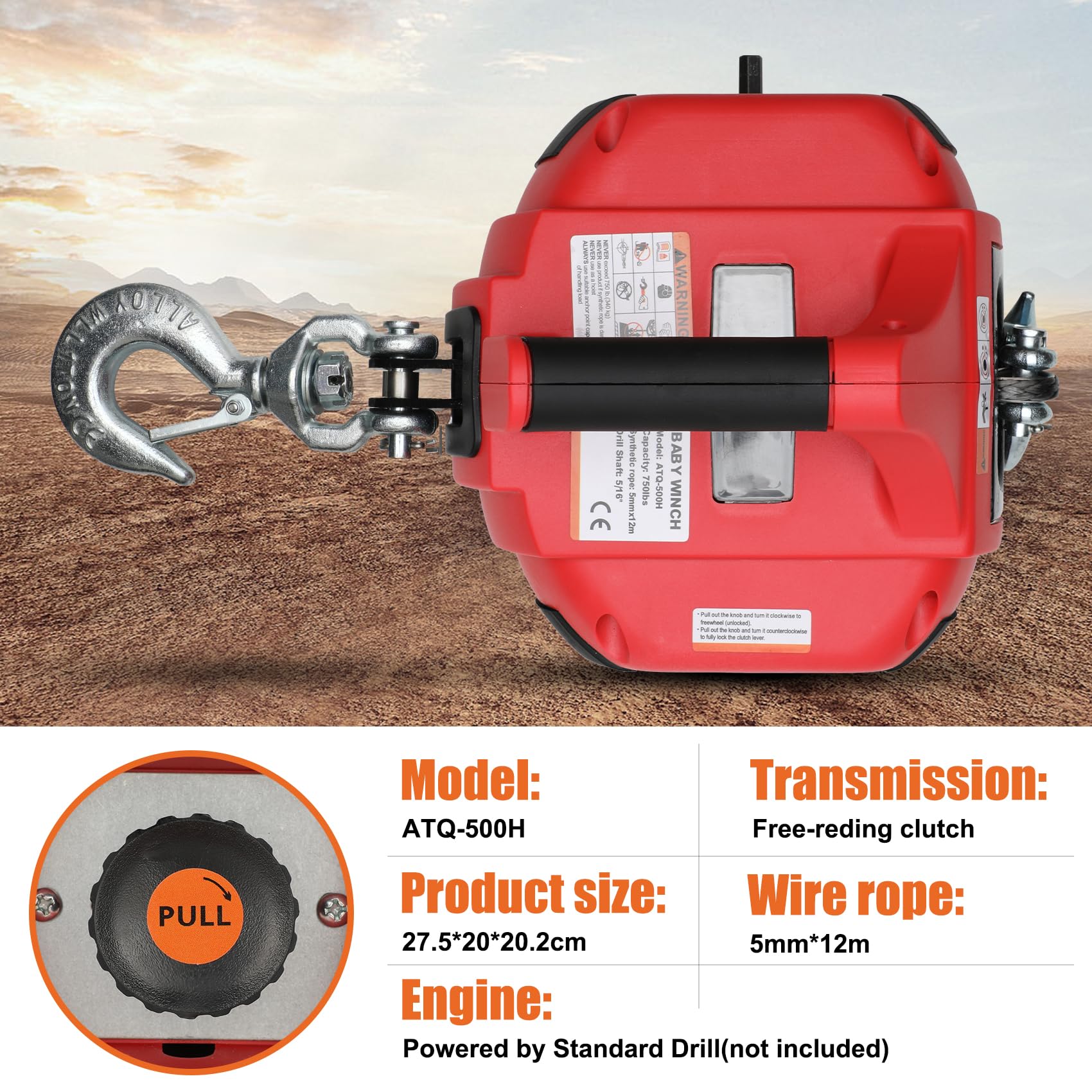 1000 Lbs Portable Hand Winch with 40ft Synthetic Rope - Heavy Duty Manual Winch with 360° Swivel Hook for Truck, ATV, Boat Recovery & DIY Projects - Perfect for Off-Roading, Towing, Construction & Home Use (Red)