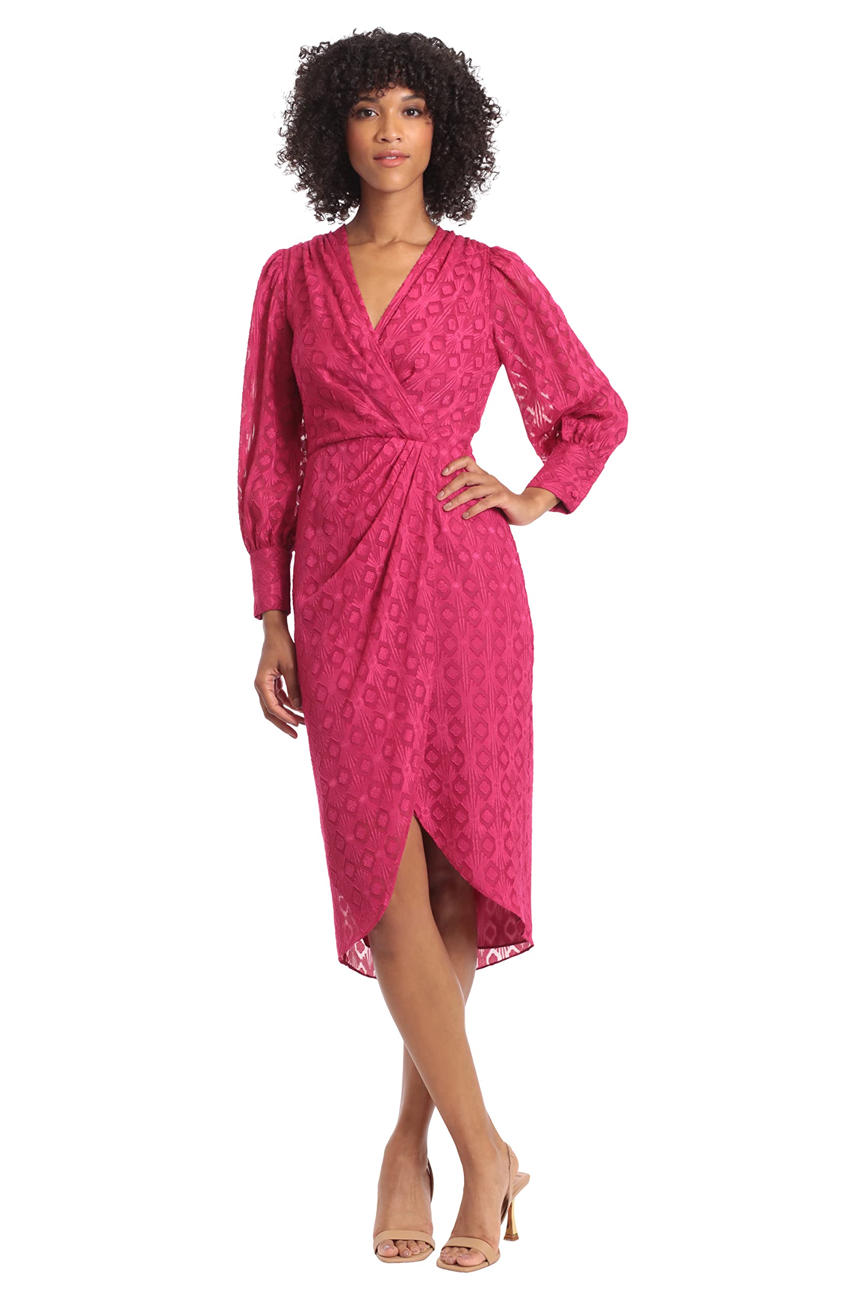 Maggy London Women's Plus Size V-Neck Surplus Bodice Faux Wrap High-Low Dress for Wedding Guest, Party & Special Occasions - Elegant Formal Event Attire for Curvy Women