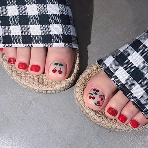 IMSOHOT Glossy Fake Toe Nails - Short Square Press On Toenails in Red Cherry Color | Acrylic False Toenails with Glossy Finish & Glue On Application for Women | Perfect for Pedicures, Beach Vacations & Summer Nail Art
