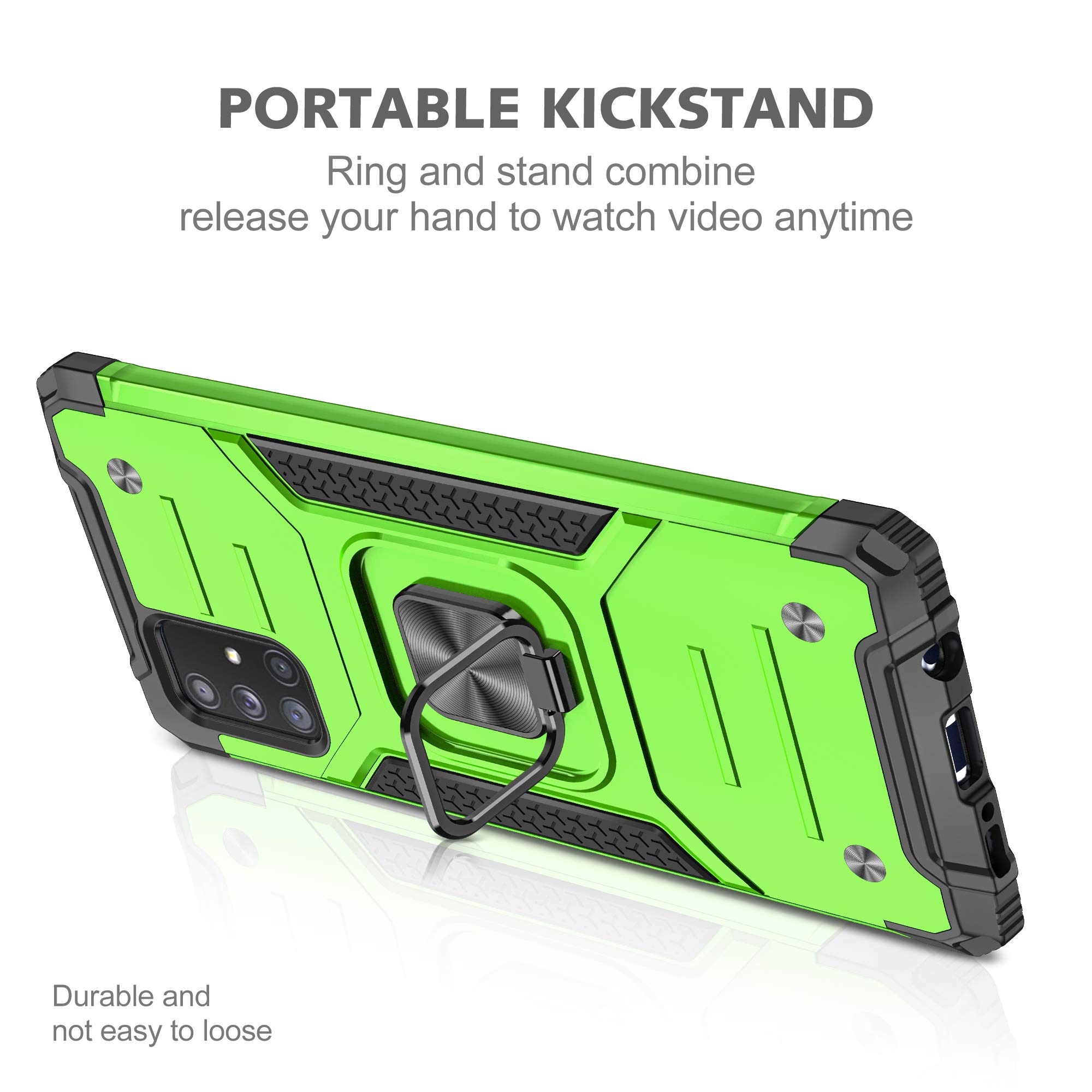 Samsung Galaxy A71 5G Case with Tempered Glass Screen Protector - Military Grade Protective Phone Cover with Magnetic Car Mount & Kickstand (Green) - Perfect for Work, Travel, and Outdoor Activities