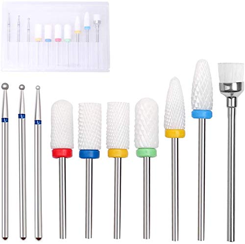 10-Piece Ceramic Nail Drill Bit Set - 3/32 Inch Professional Manicure Pedicure Kit for Electric Nail Files - Cuticle Remover Tools for Home Salon & DIY Nail Care - Perfect for Gel Polish Removal & Nail Art Preparation