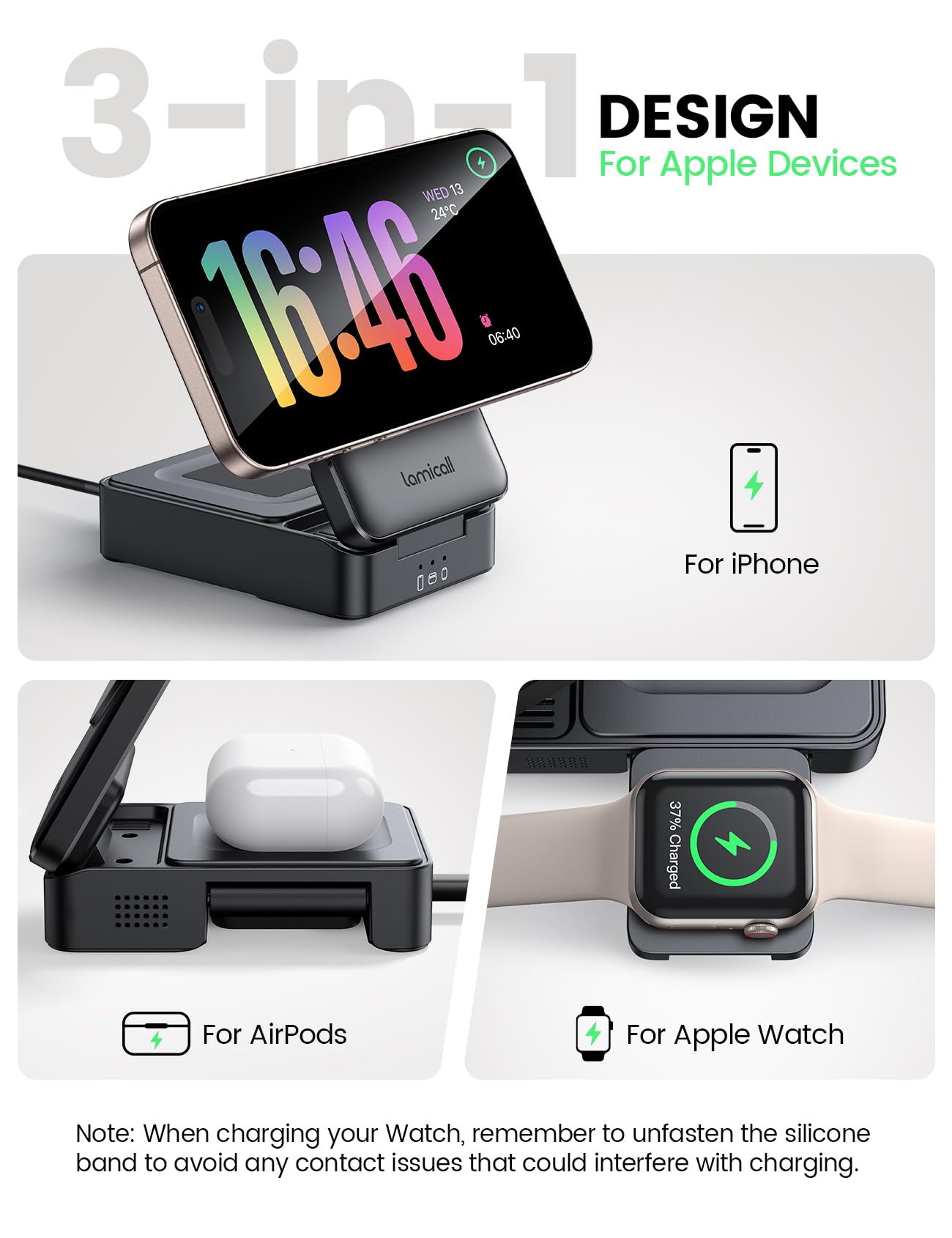 3-in-1 Foldable MagSafe Charging Station for iPhone 16/15/14/13, Apple Watch & AirPods - Portable Wireless Charger Stand with Fast Charging | Perfect for Travel, Office & Nightstand Use
