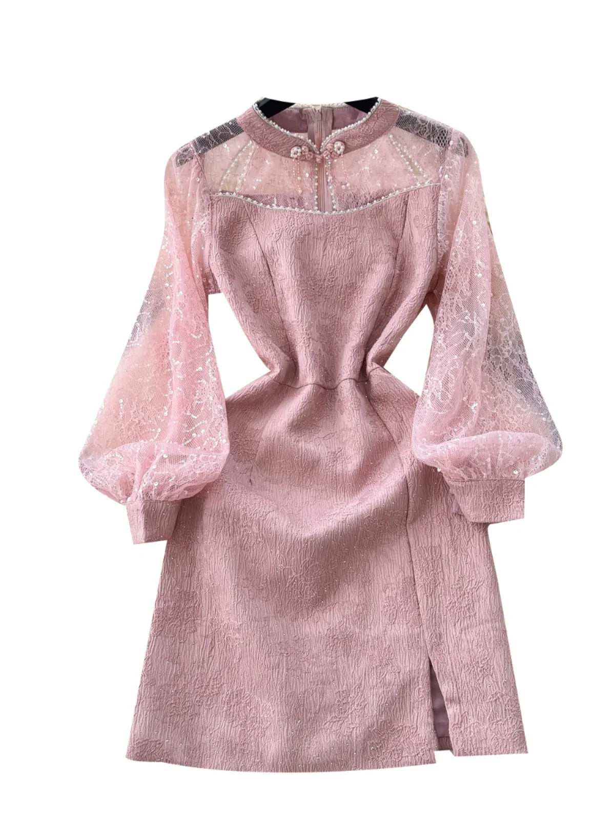 Elegant Chinese Style Retro Long Sleeve Sequin Lace Party Dress for Women - Pink Patchwork Short Evening Gown for Autumn 2024 | Perfect for Cocktail Parties, Weddings & Special Occasions