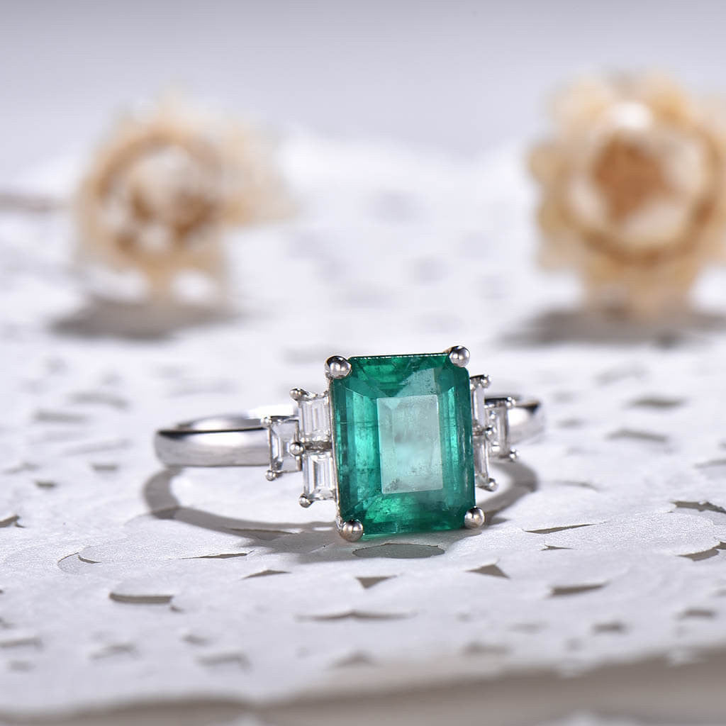 Solitaire Natural Emerald Cut Emerald & Baguette Diamond Engagement Ring - Perfect for Proposals, Weddings & Anniversary Gifts
