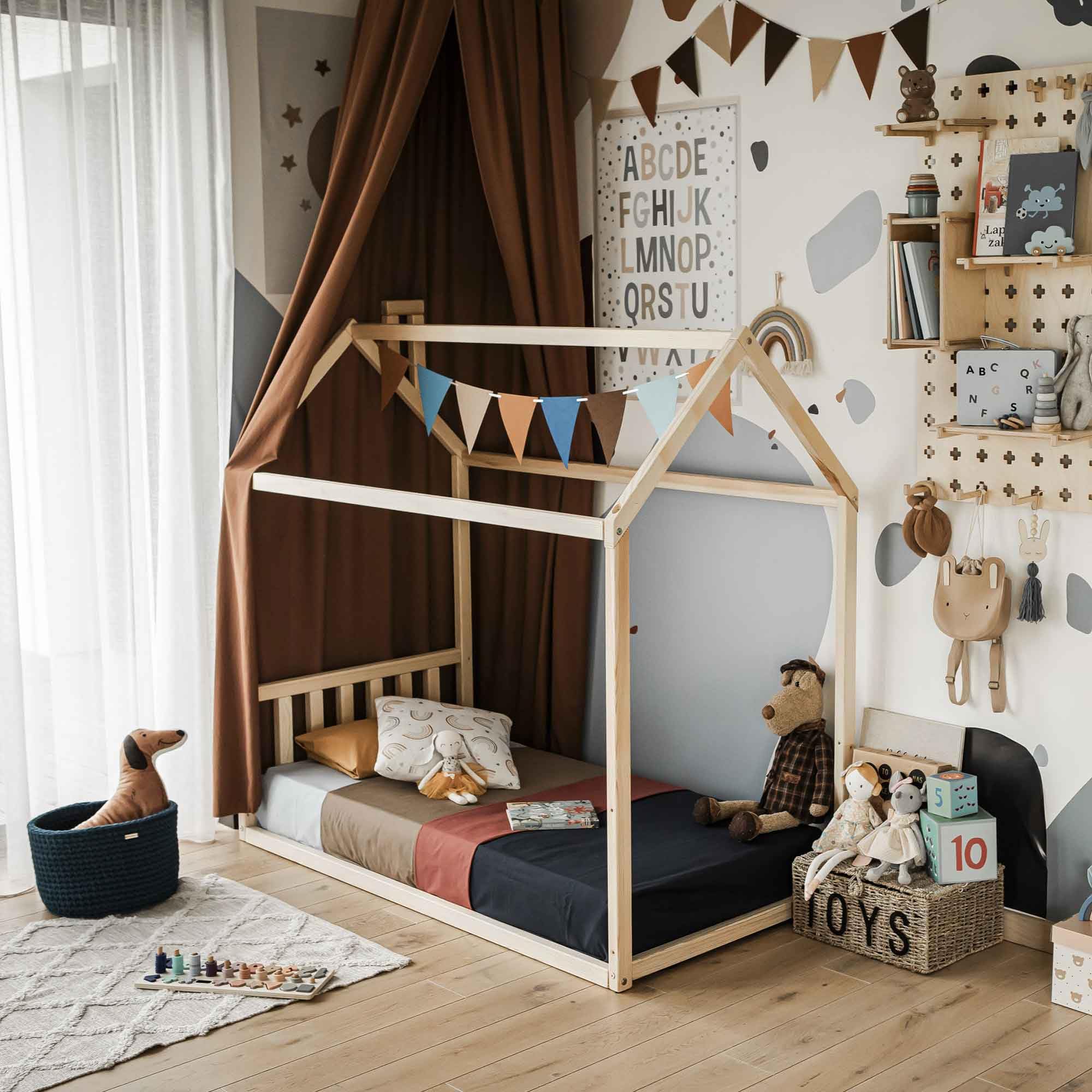 Montessori Floor Bed for Kids - Twin Size House Bed Frame with Safety Rails - Toddler Nursery Bed for Boys & Girls - Natural Wood Toddler House Bed - Perfect for Montessori Rooms, Daycares & Kids Bedrooms
