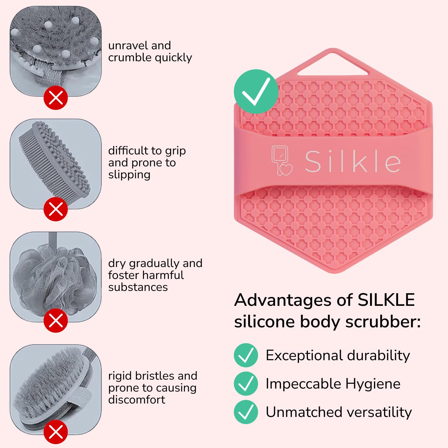 Exfoliating Silicone Body Scrubber - Gentle Bath Brush & Skin Cleansing Sponge for Smooth Skin | Shower Scrubber for Men & Women | Perfect for Daily Exfoliation, Back Cleansing & Spa Treatments - Pink