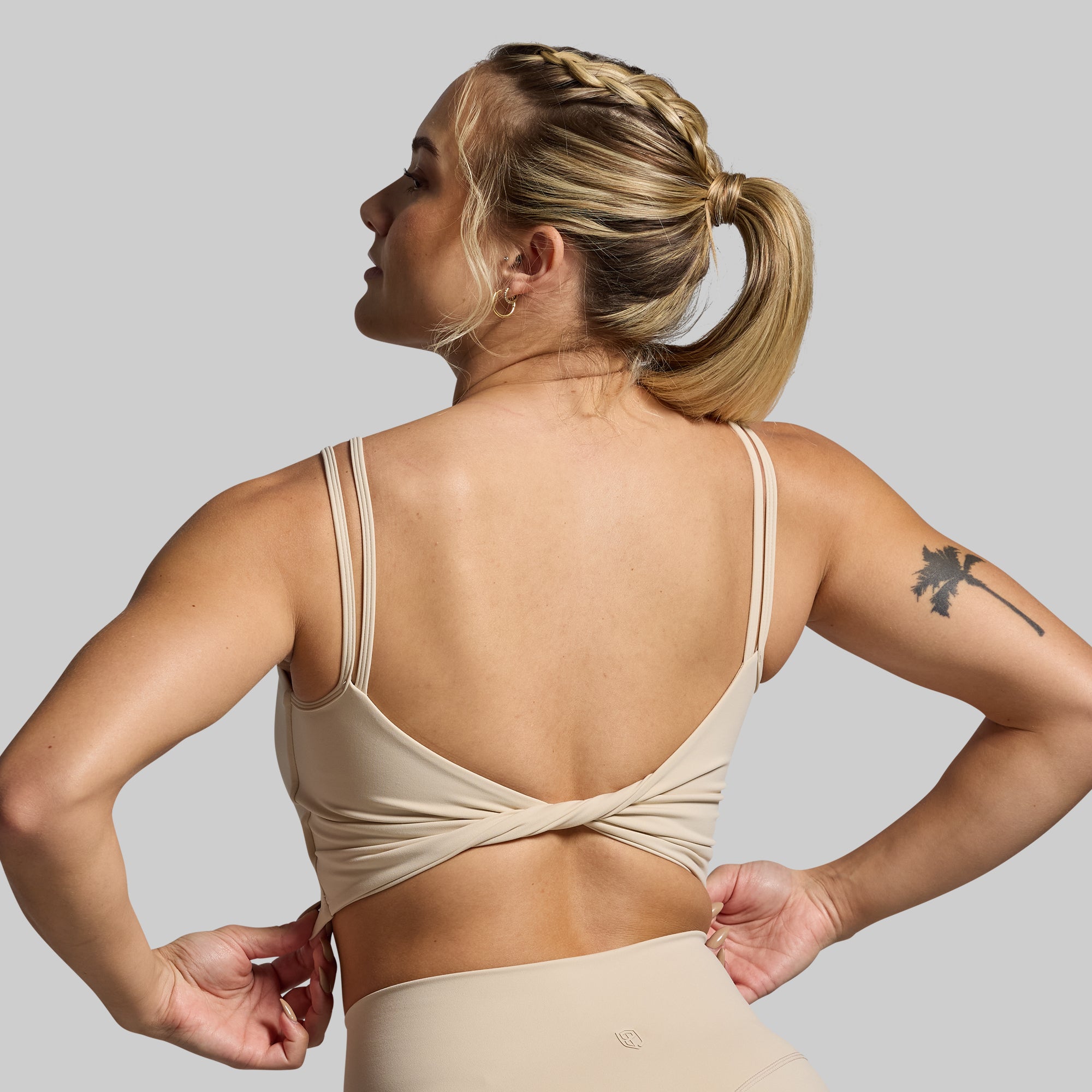 High Support Don't Get It Twisted Sports Bra for Women - Breathable Workout Top with Moisture Wicking - Oatmeal Color - Perfect for Yoga, Running & Gym Training