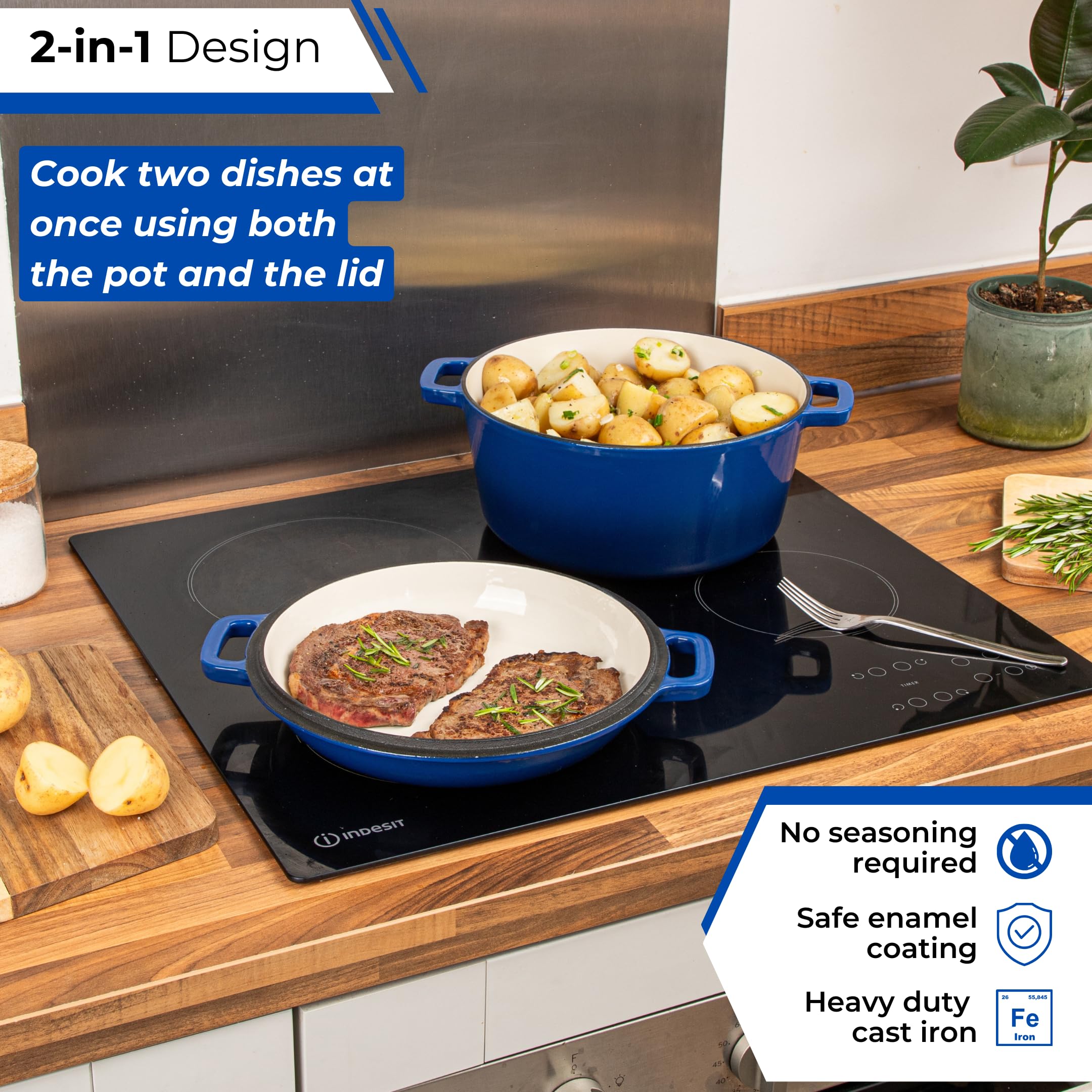 Premium Enameled Cast Iron Dutch Oven with Lid - 5 Quart (26cm) Casserole Pot & Skillet 2-in-1 Cookware Set - Durable Dark Blue Enamel Coating - Perfect for Braising, Stewing, Baking & Camping - by Nuovva
