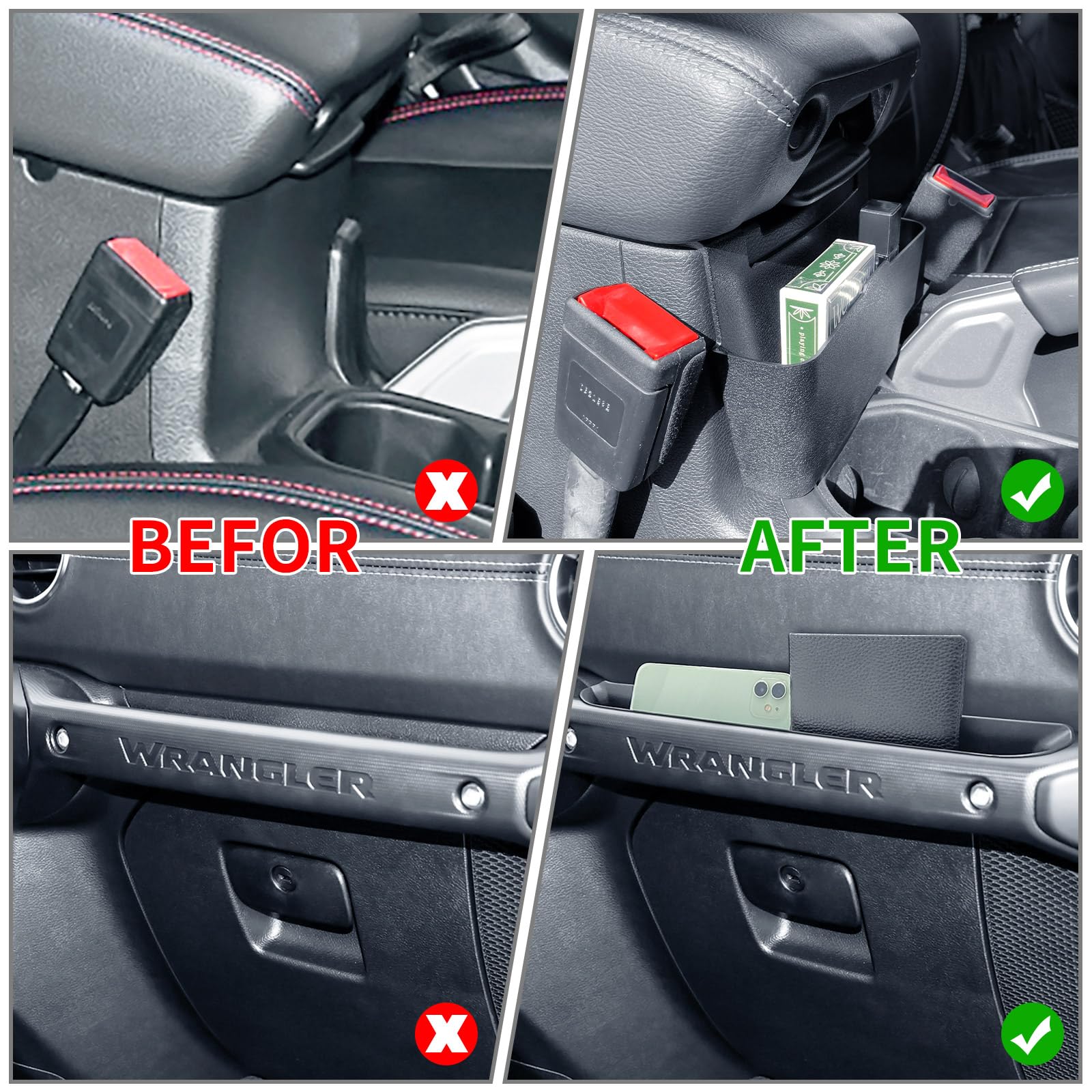 4PCS Jeep Wrangler JL JLU & Gladiator JT Center Console Organizer Set (2018-2023 Models) - Gear Shift Tray, Hanging Storage Box, Co-Pilot Organizer & Armrest Storage | Perfect for Road Trips, Off-Roading & Daily Commuting