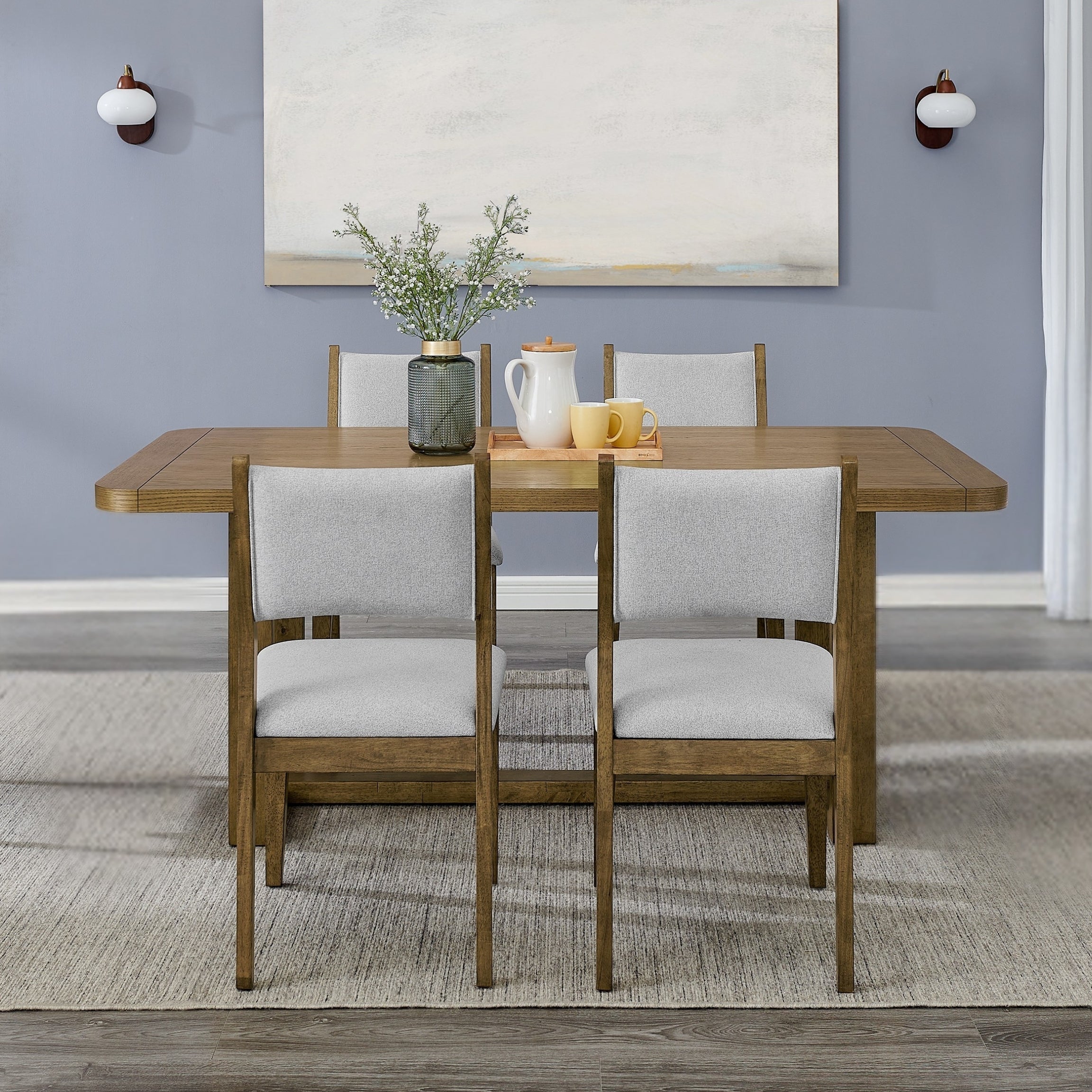 Roundhill Furniture Parker 5-Piece Dining Set - Light Oak Trestle Table with 4 Modern Chairs for Kitchen, Dining Room & Small Space