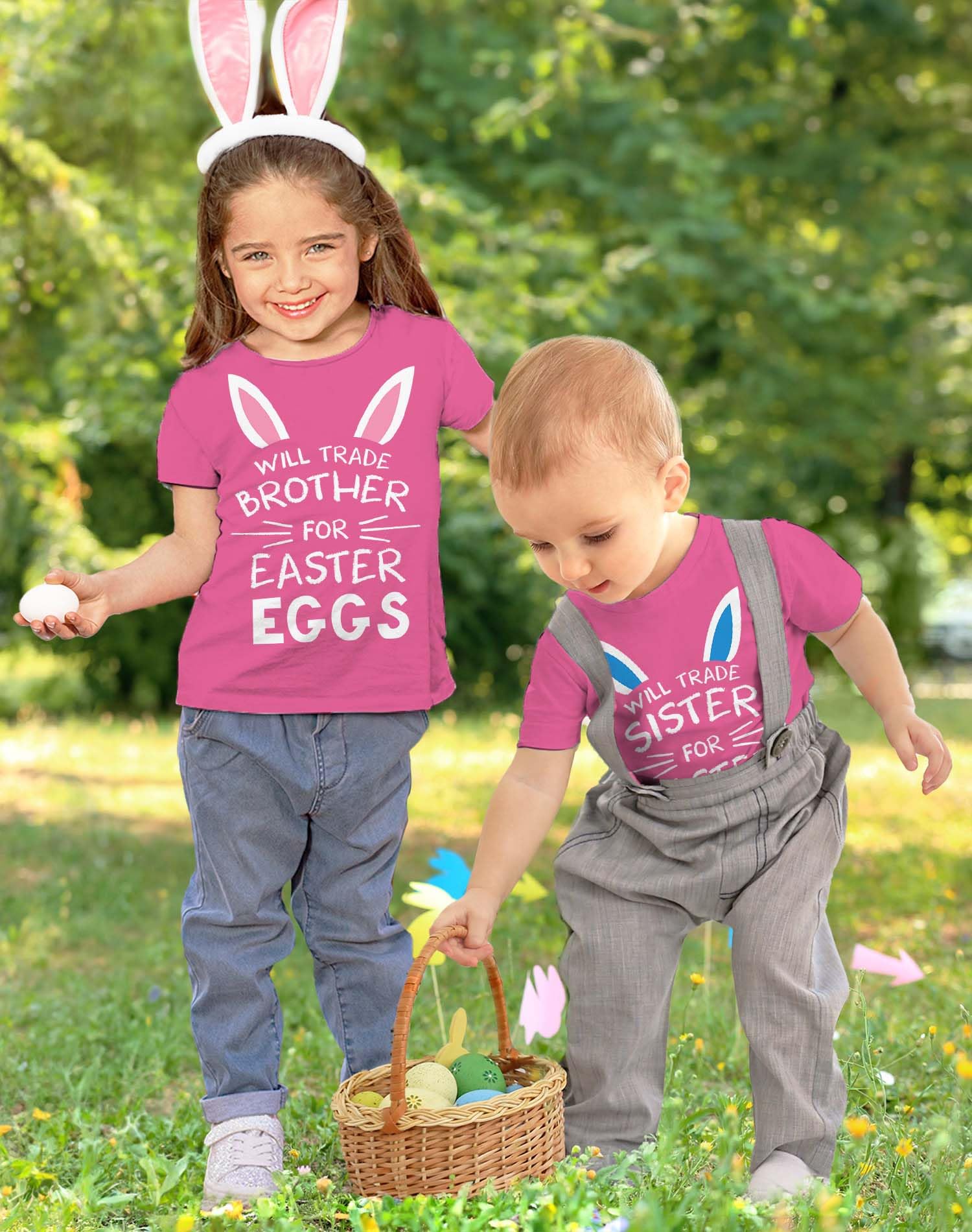 Funny Easter Egg Hunting Siblings T-Shirt for Toddler & Youth Boys & Girls - Cute Brother Sister Matching Outfits for Easter Egg Hunt & Spring Family Activities