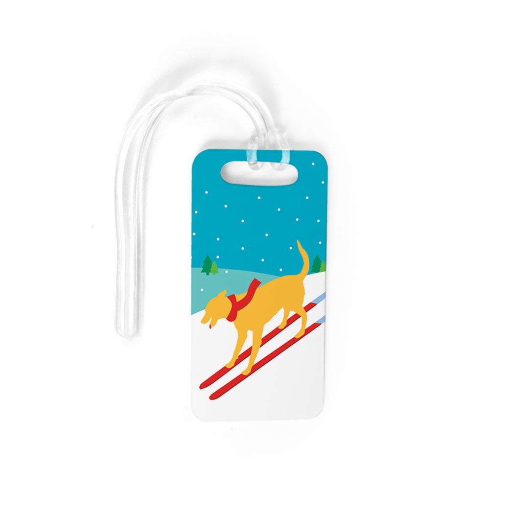 Vintage Skiing Dog Luggage Tag - Customizable Personal Info - Small Yellow Ski-Themed Bag Tag for Travel & Outdoor Adventures