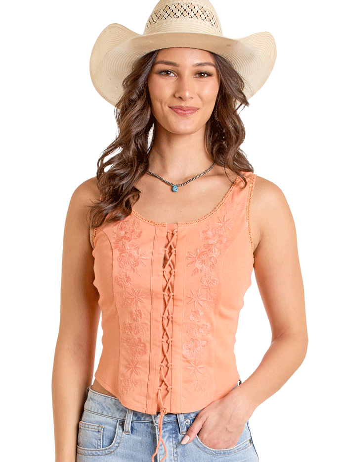 Rock & Roll Denim BW20T06279 Women's Embroidered Tank Top - Wash Orange | Vintage Style Casual Wear for Summer Outfits & Music Festivals