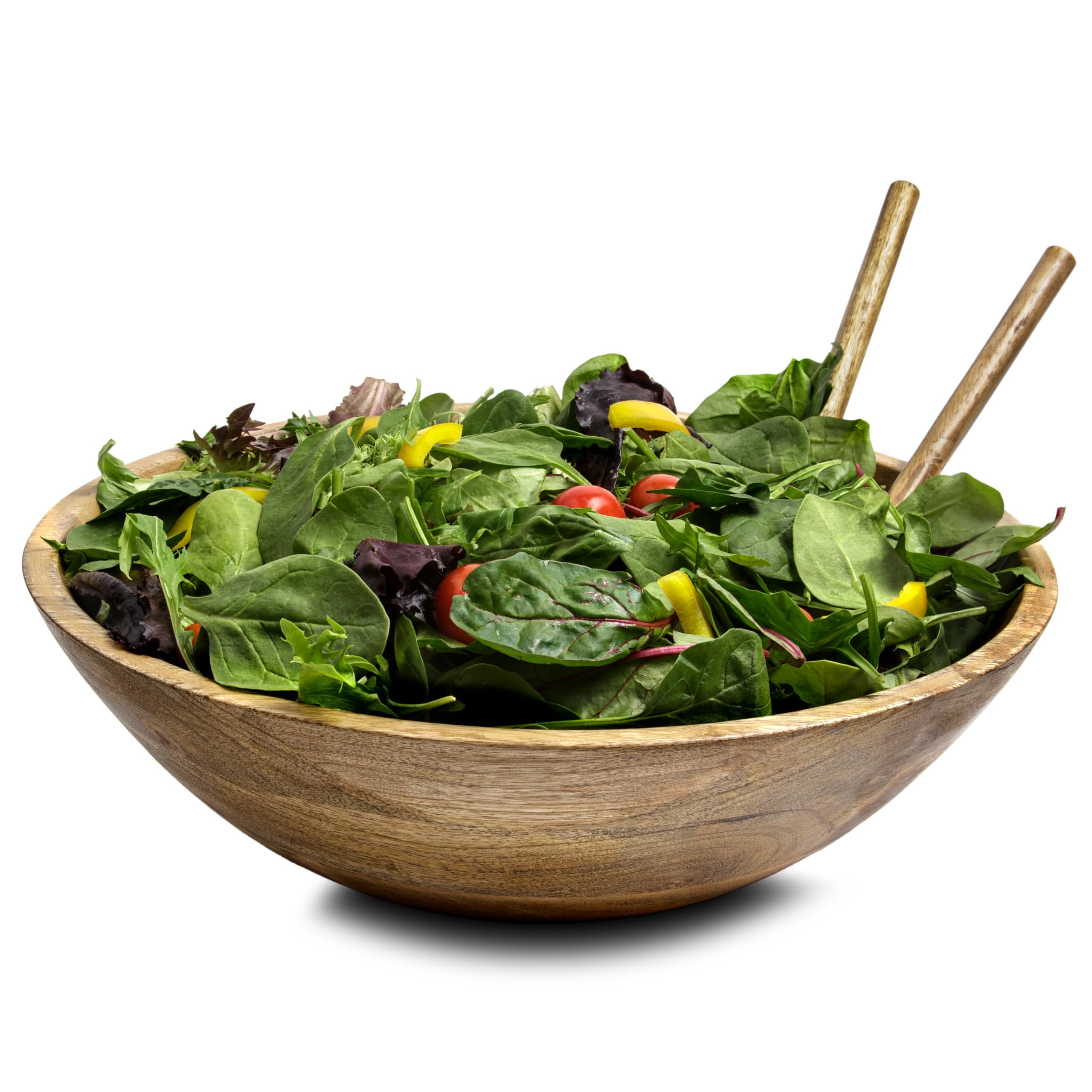 Premium 15 Inch Extra Large Wooden Salad Bowl Set with Serving Utensils - Natural Mango Wood Serving Bowl & Servers for 9 Side Salads | Perfect for Family Dinners, Parties & Entertaining Guests