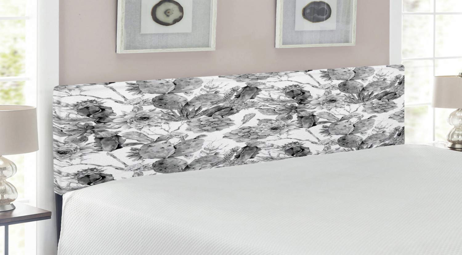 Ambesonne King Size Upholstered Metal Bed Headboard - Boho Chic Monochrome Cactus Flowers & Feathers Design with Memory Foam, Grey White | Perfect for Vintage & Exotic Botanical Bedroom Decor