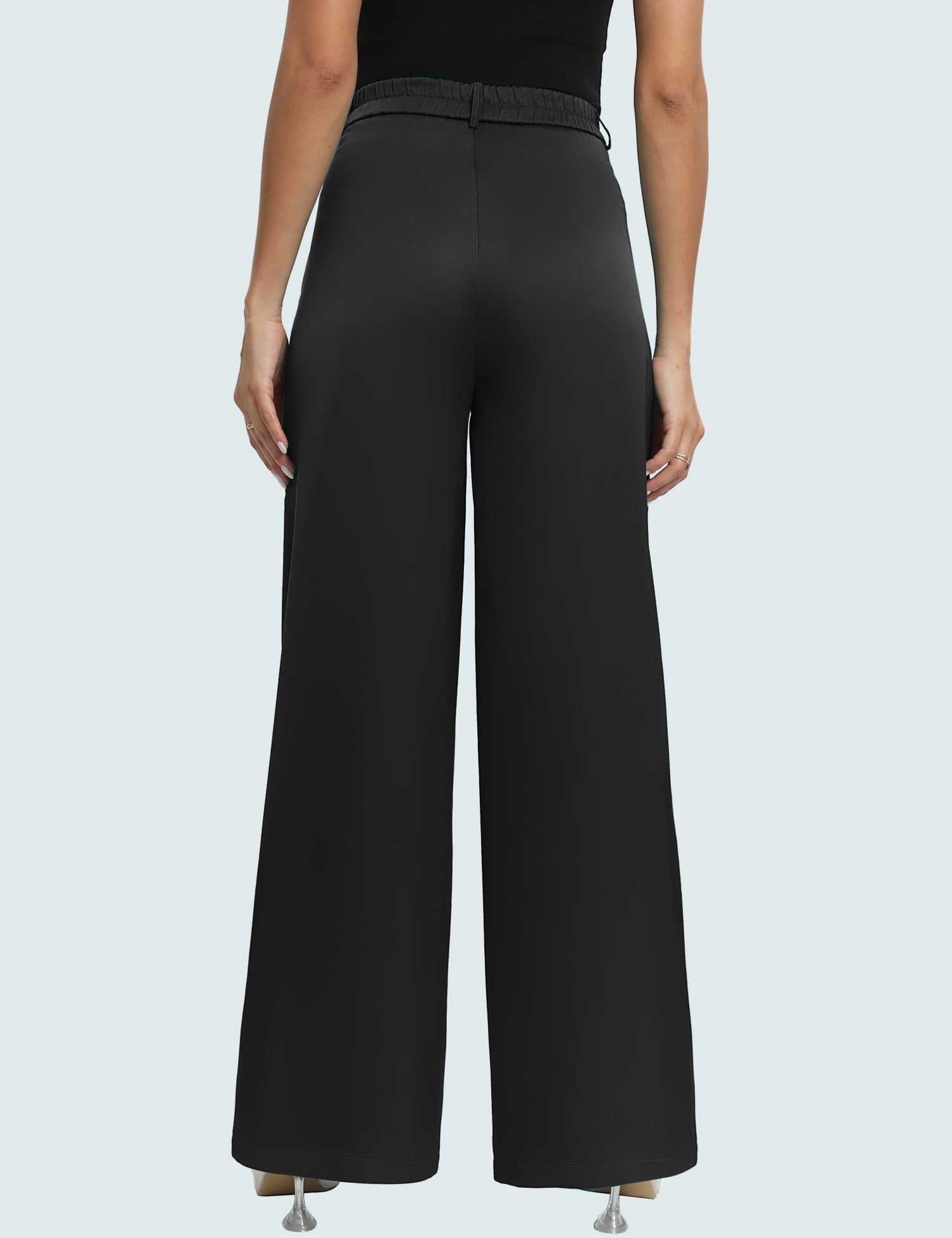 Women's High Waist Satin Dress Pants - Button Front Wide Leg Straight Work Trousers with Pockets | Office Wear, Business Casual & Formal Occasions