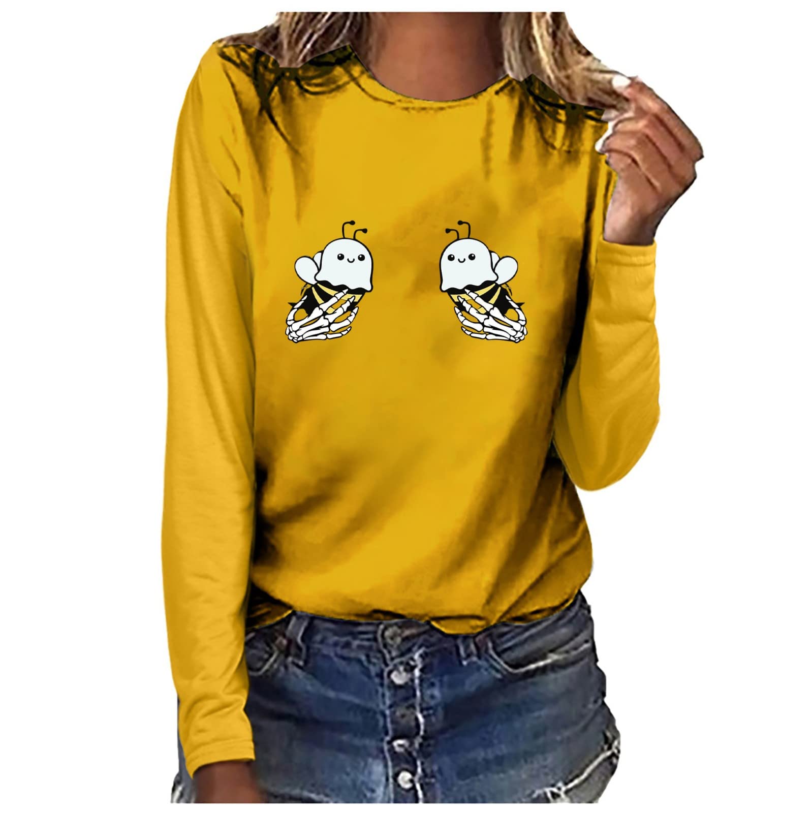 Women's Halloween Printed Long Sleeve T-Shirt - Casual Round Neck Tee for Women (Yellow, XXL) | Perfect for Halloween Parties, Costume Events & Fall Fashion