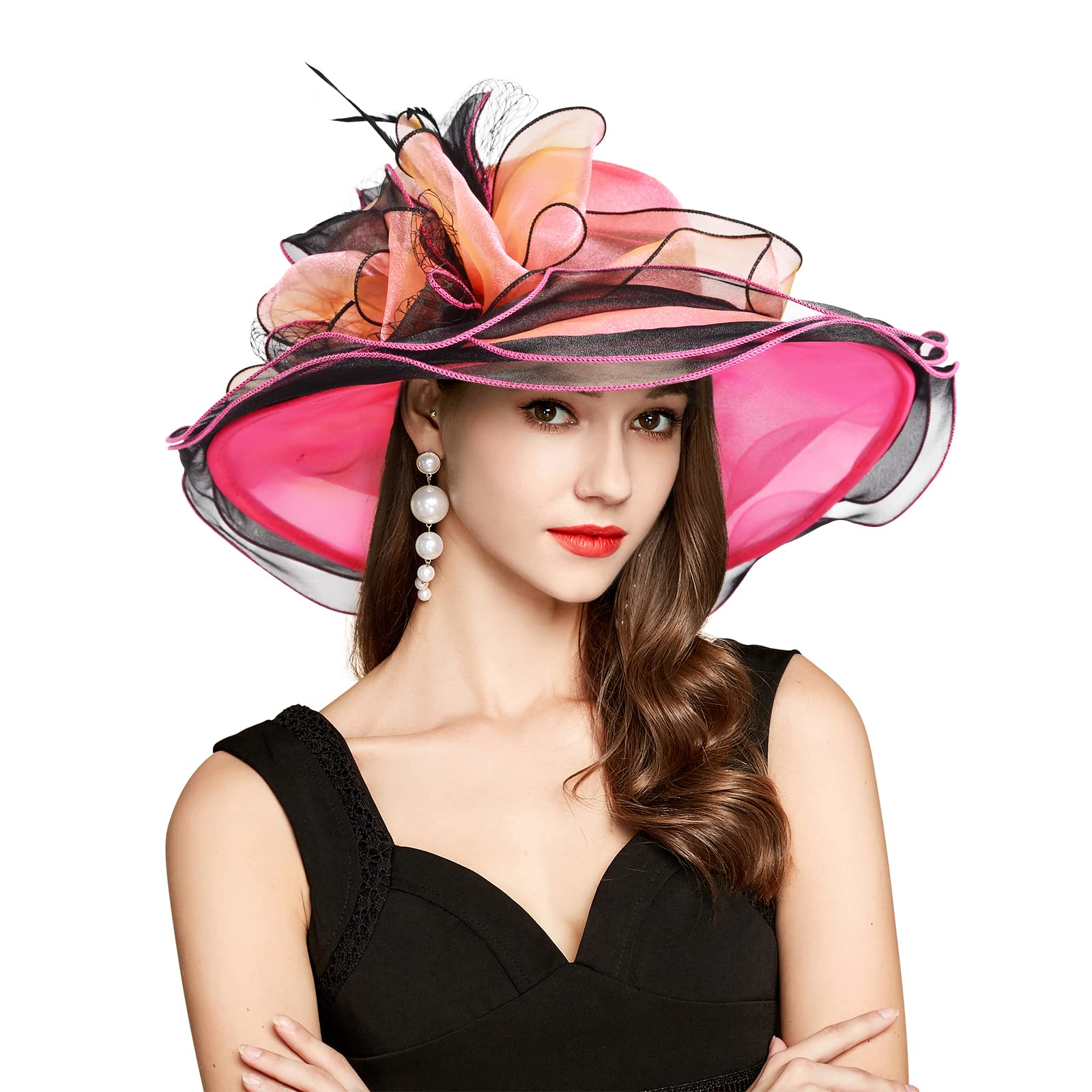 YIDINGCO Women's Derby Hats with Headband Hairpin - Elegant Cloche Kentucky Hats for Ladies - Organza Tea Party, Bridal & Church Hats - Perfect for Weddings, Garden Parties & Formal Events