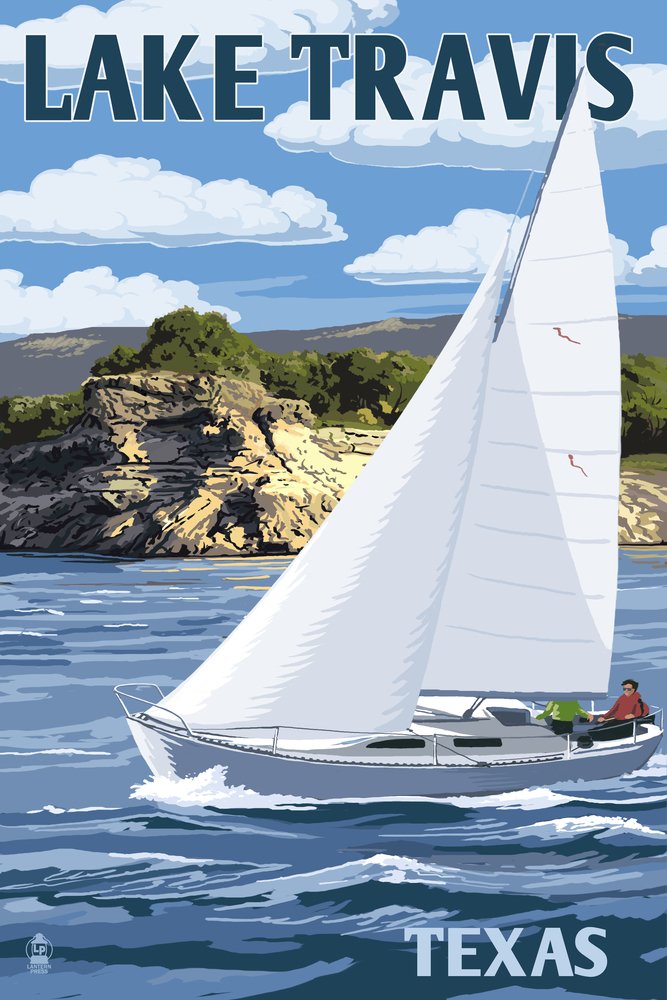 Signed Austin Texas Lake Travis Sailing Scene Art Print - 24x36 Wall Decor Poster for Living Room, Office & Bedroom | Master Artwork for Home & Office Decoration