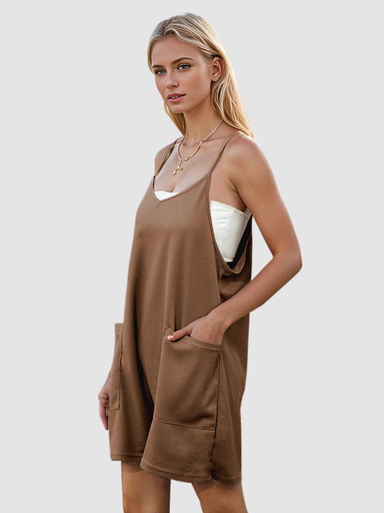 Women's Summer Casual Waffle Knit Romper - Loose Fit Spaghetti Strap Sleeveless Jumpsuit with Pockets | Breathable Short Overalls for Beach, Vacation & Outdoor Activities