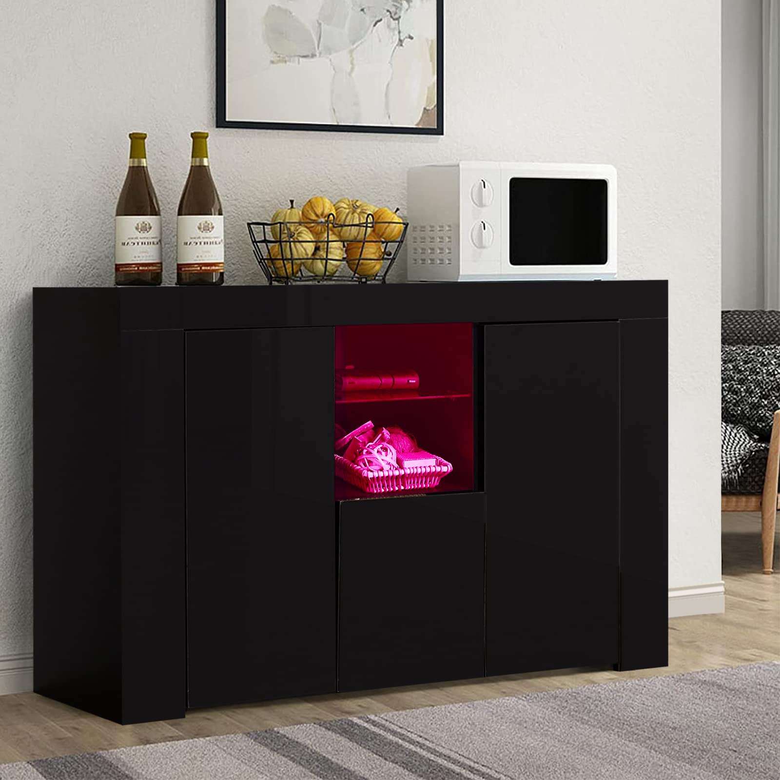 Modern LED Sideboard Cabinet - Wooden Buffet Table with 2 Doors & High Gloss Finish - TV Stand for Living Room, Dining Room, Kitchen & Entryway - Black Console Table for Stylish Home Decor & Storage Solutions