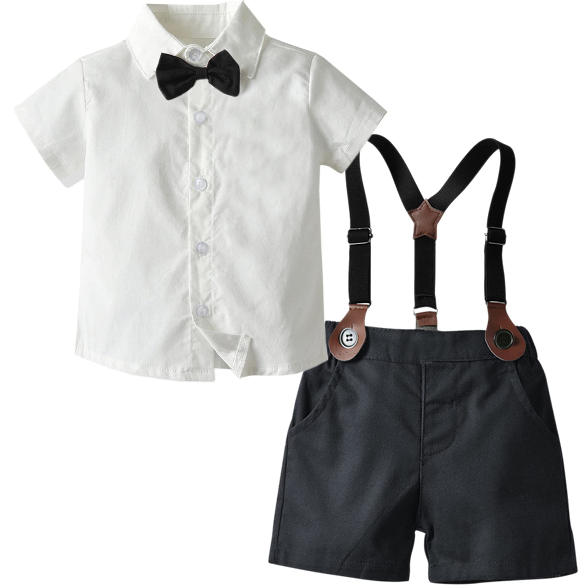 Stylish Baby Boys Summer Outfit - Short Sleeve Bowtie Shirt & Suspenders Shorts Set (3M-9Y) | Perfect for Parties, Photos & Casual Wear