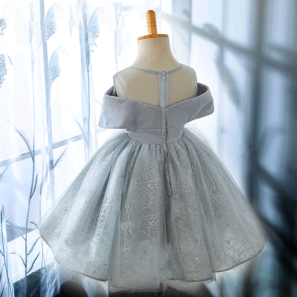 Dusty Blue Princess Tea Length Flower Girl Dress with Lace Ruffles - Perfect for Weddings, Birthday Parties & Special Occasions