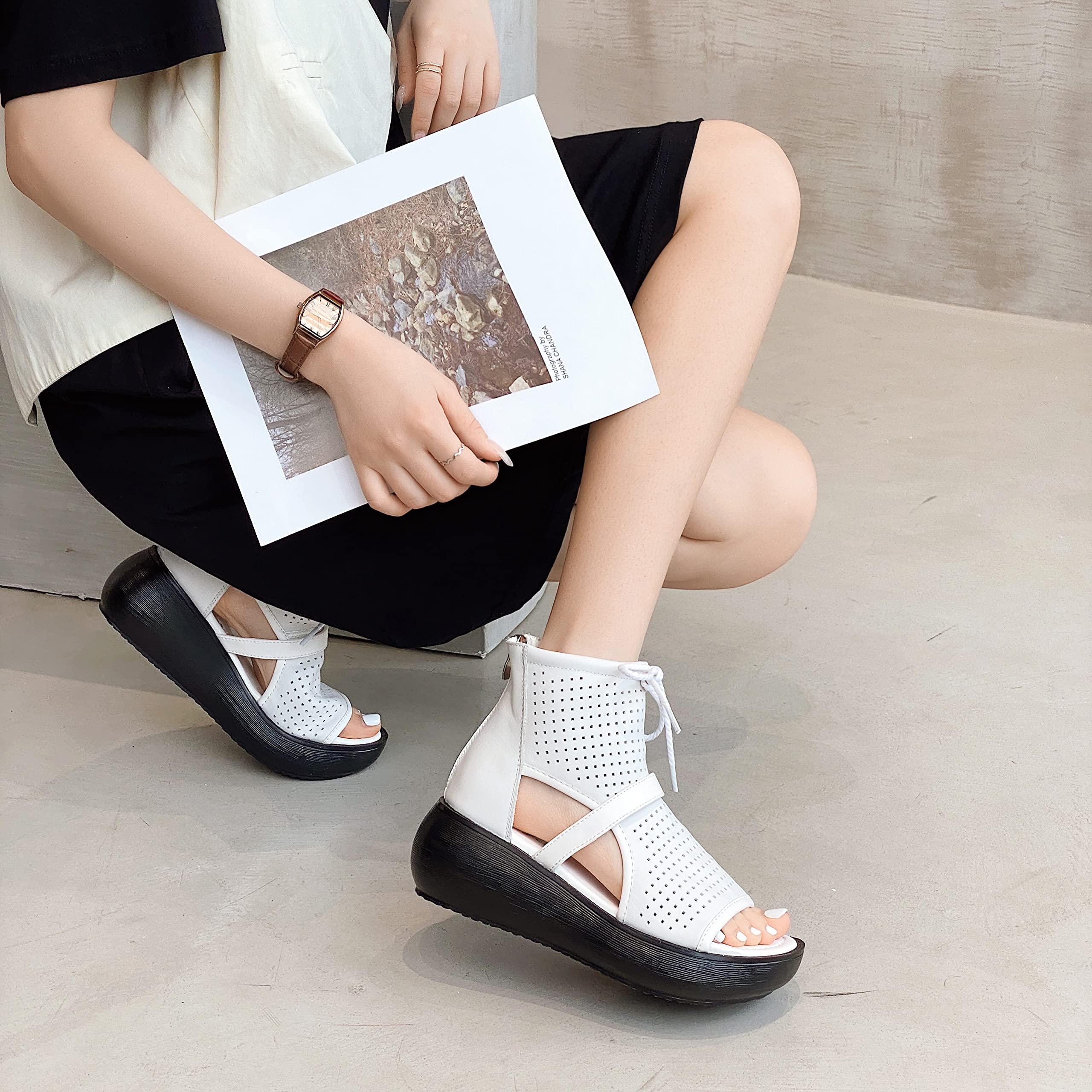 Women's High Top Leather Boot Sandals with Open Toe Cutout Design - Stylish Summer Ankle Boots for Walking, Travel & Casual Outfits