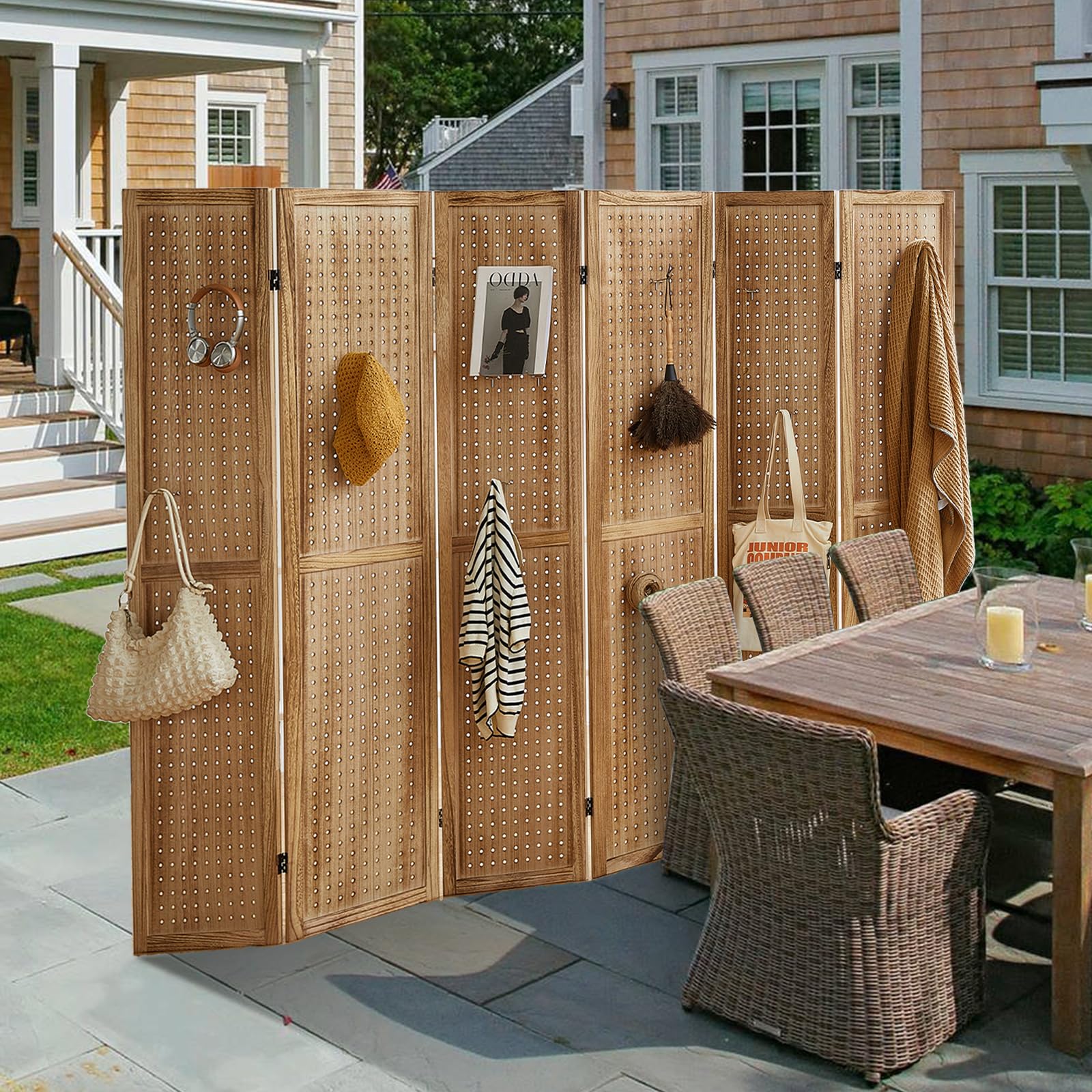 24-Hook Pegboard Display & 6-Panel Folding Room Divider - 5.6Ft Portable Privacy Screen, Freestanding Wooden Wall Organizer for Bedroom, Office & Reading Room - Natural Finish | Perfect for Home Organization & Space Division
