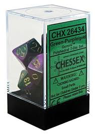 Chessex Polyhedral 7-Dice Set - Gemini Series Green & Purple with Gold Accents for D&D, RPG, and Tabletop Gaming