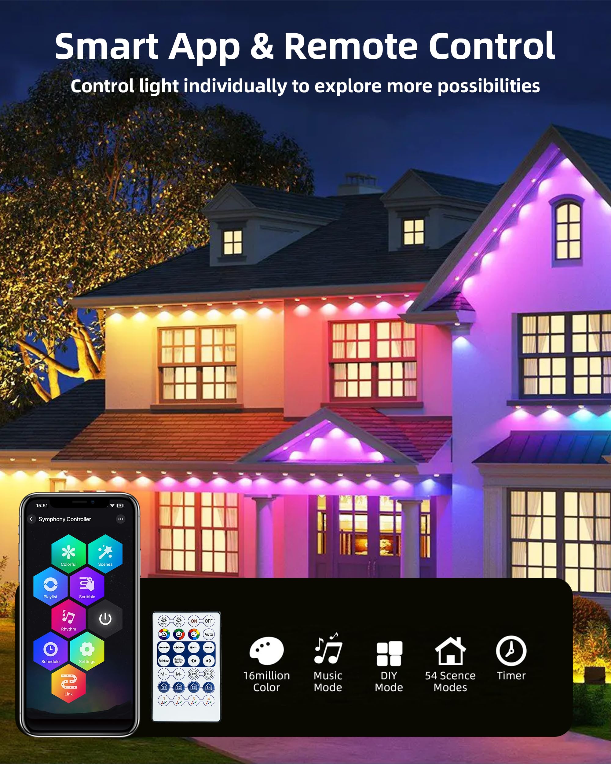 Smart LED Permanent Outdoor Lights - 111ft 72 RGB LEDs with App Control, DIY Scene Modes, IP65 Waterproof for Christmas, Holiday & Year-Round Decor - Perfect for Roofline, Garden, House Parties & Outdoor Events