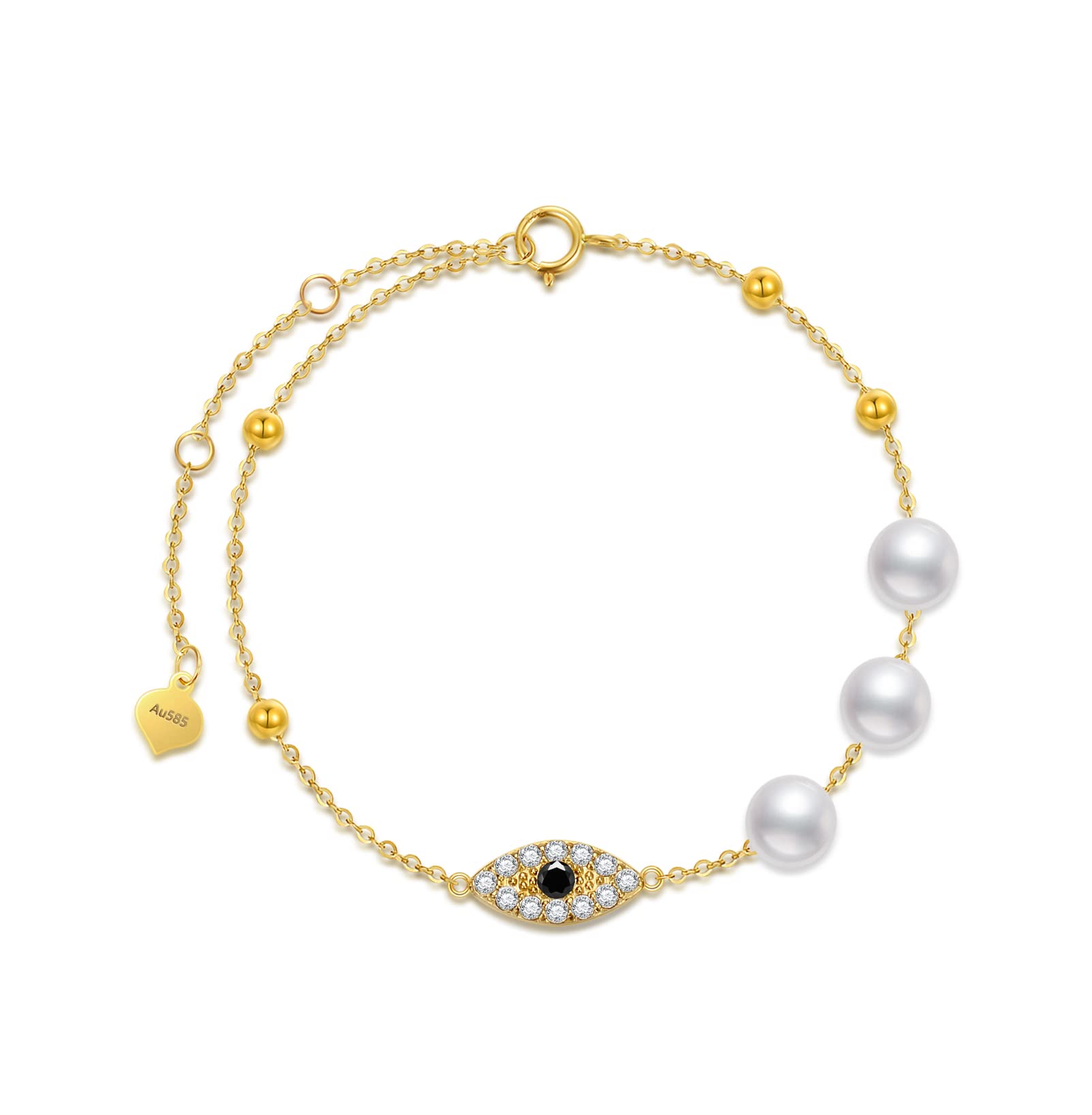 14K Solid Gold Evil Eye Bracelet for Women - Lucky Protection Jewelry Gift for Her, Wife, Mom & Daughters - Adjustable 8